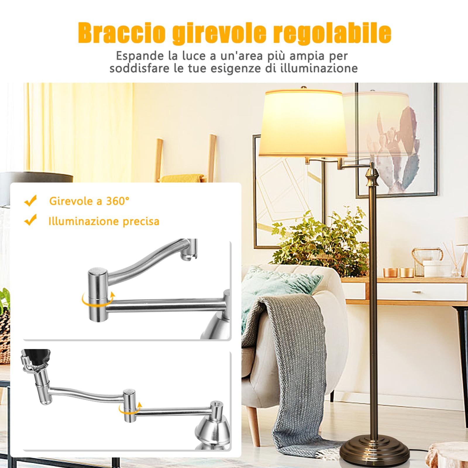 COSTWAY Lampada da Terra Design e Vintage, Lampada a Stelo da Terra con Braccio Girevole, Ideale per Soggiorno, Camera da Letto e Studio, Argento