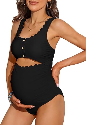 Charmo Maternity One Piece Swimsuit Scalloped Cut Out Ruched High Waisted Scoop Neck Pregnancy Bathing Suit