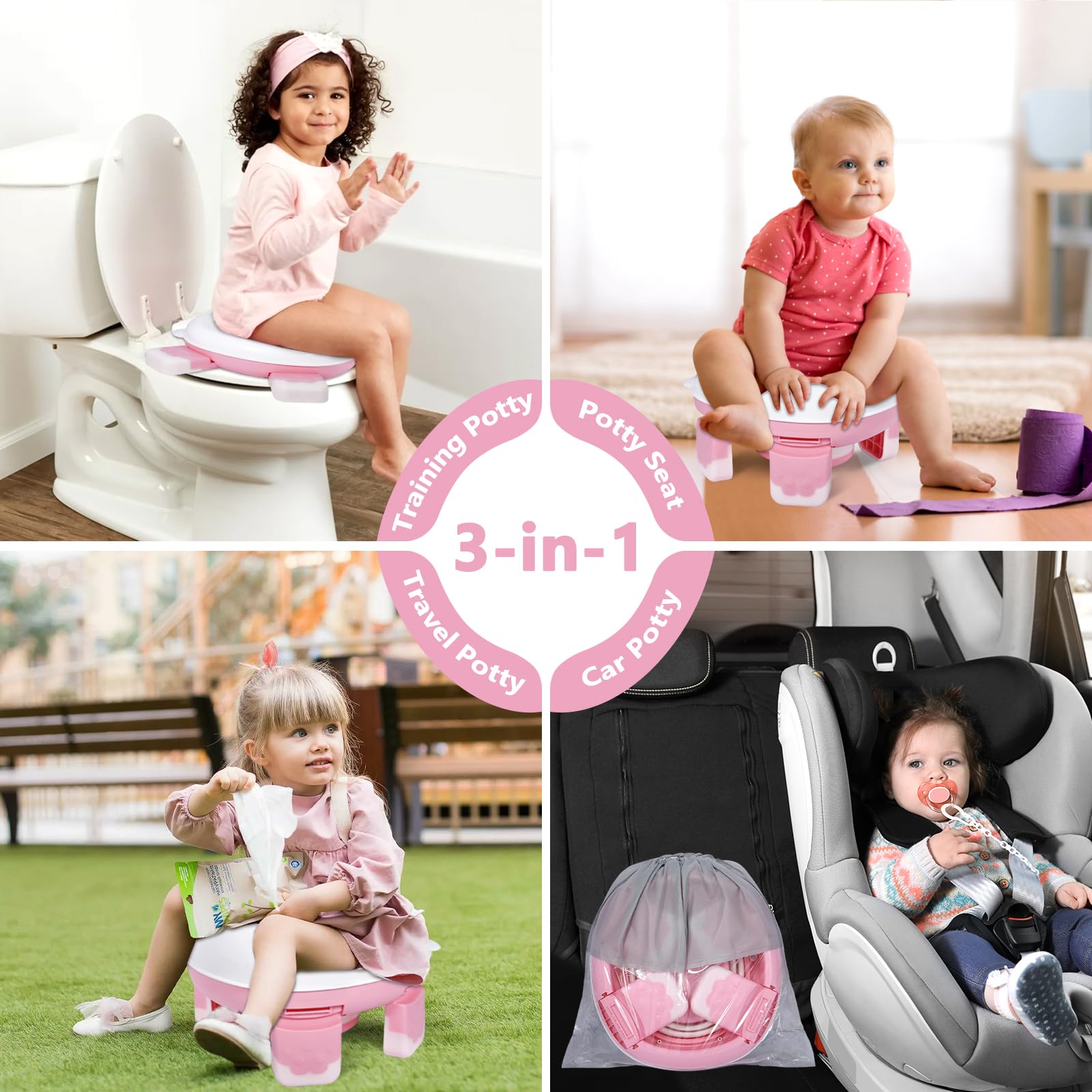 Vasino Portatile per Bambini da Viaggio, Wc Portatile Bambini, con 2 Rotolo Borsa per Vasino, 2 Adesivi di Ricompensa, Borsa di Stoccaggio, Water Portatile Bambini, Rosa