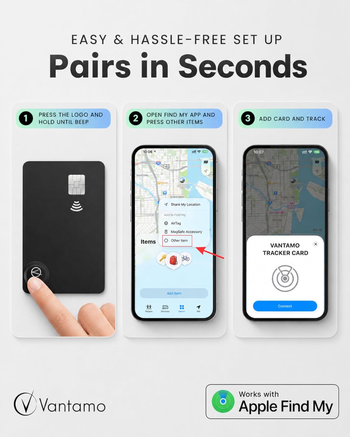 Vantamo Ultra-Thin Wallet Tracker Card, Apple MFi Certified, IP68 Waterproof Bluetooth Smart Card Wallet Tracker & Passport, Works with Apple Find My, Wireless Charging, iOS Only