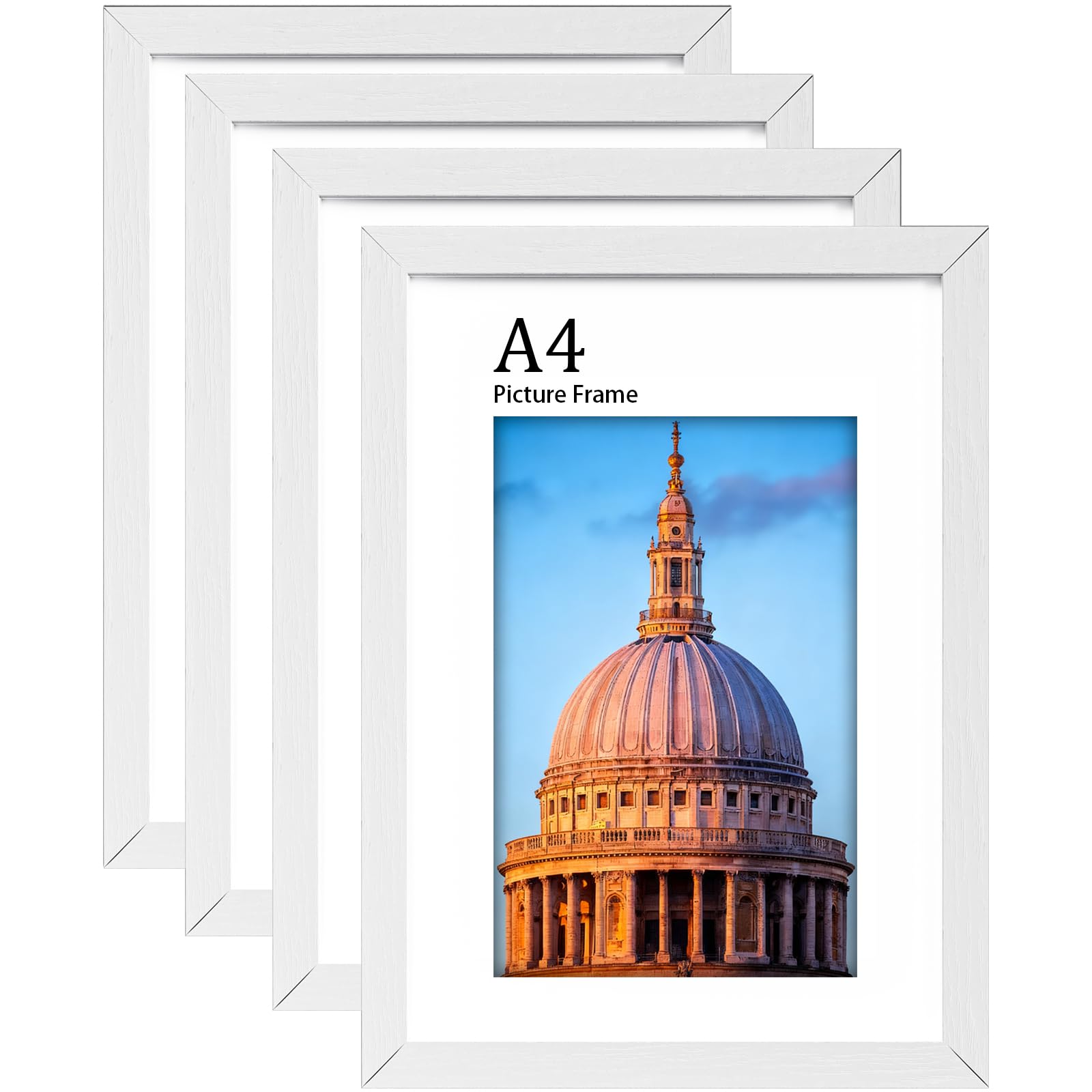LVAOUO A4 Wooden Picture Frames Set, 4-Pack, 21 x 29.7cm Versatile Black A4 Frame, Supports Landscape or Portrait Orientation, with Plexiglass and Stand, Wall-Mountable and Desk-Ready