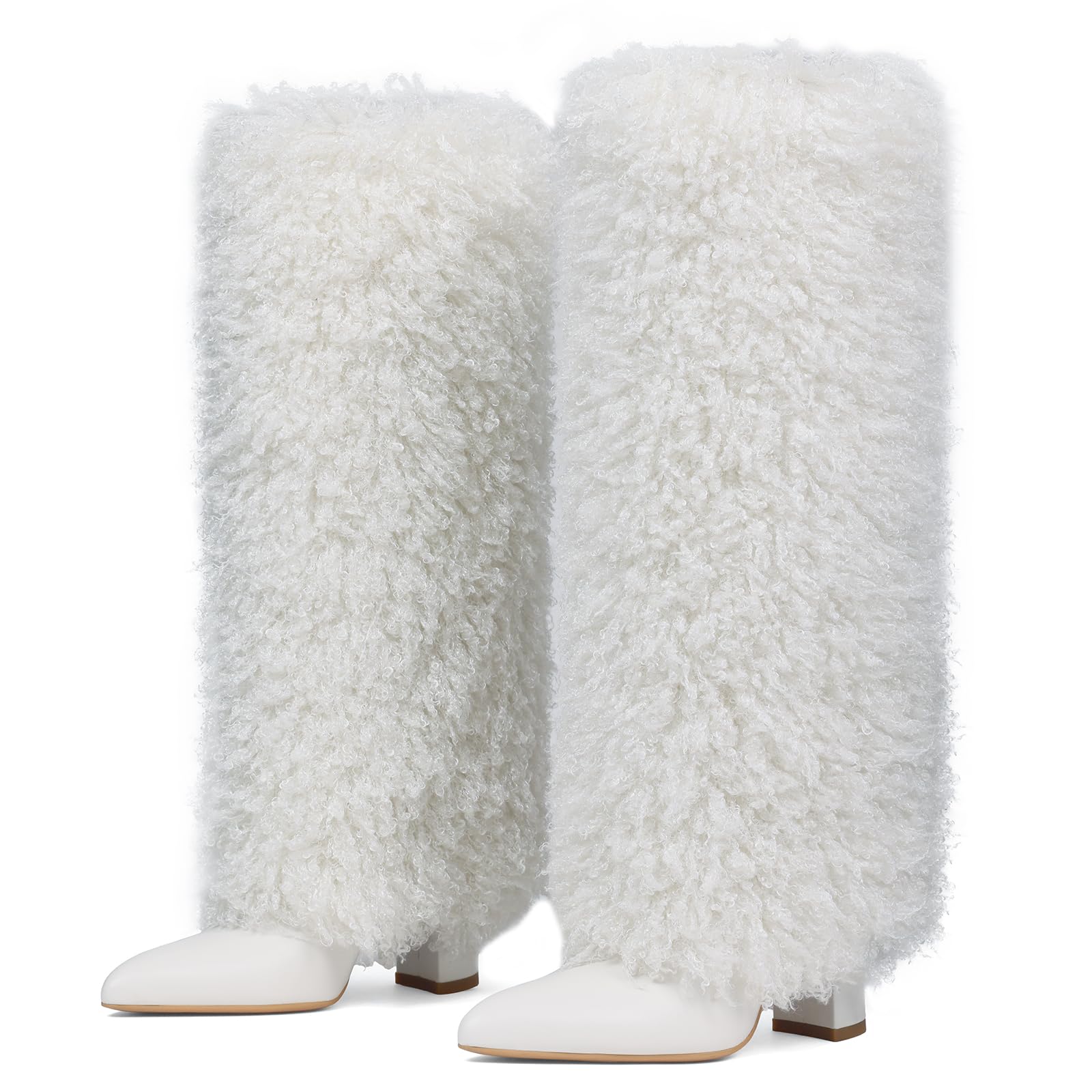 Uacllcau Women Fur Knee High Boots Wide Calf Fold Over Tall Long Boots