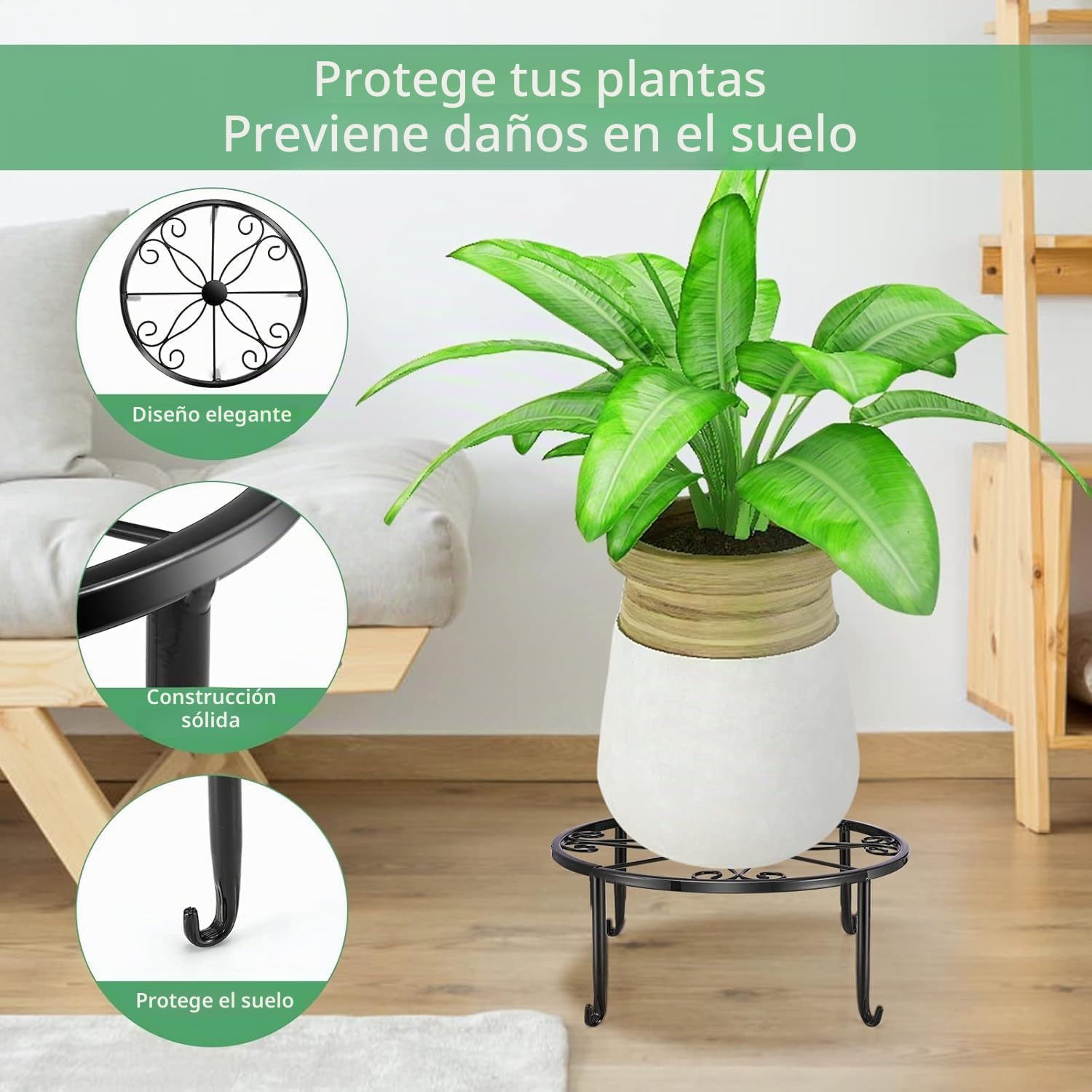 LATERN 4 Piezas Soportes de Metal para Plantas, 23CM Soporte Resistente para Macetas Estante Redondo de Hierro Inoxidable para Contenedores para Hogar Aire Libre Patio Jardín Decoración (Negro)