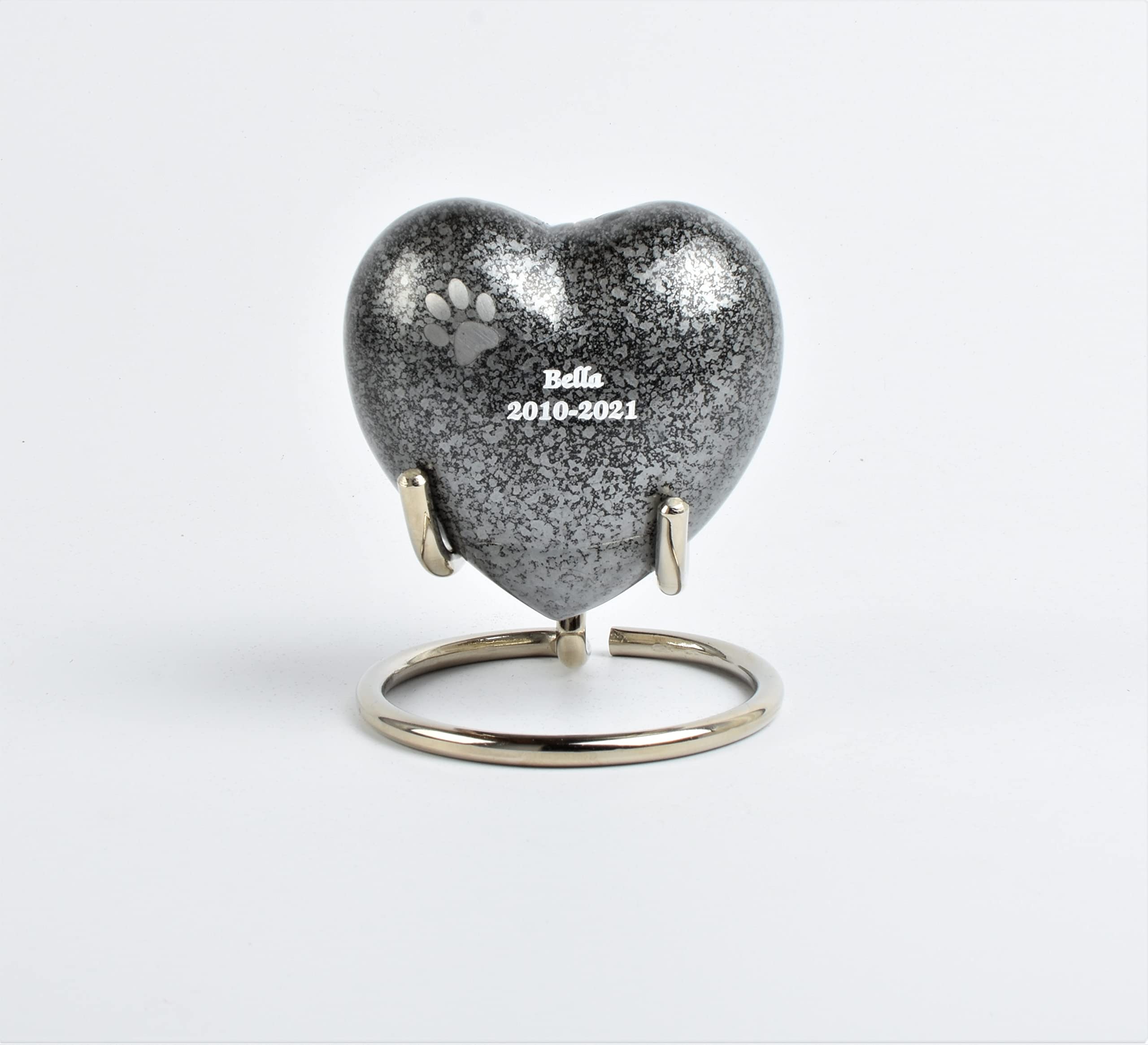 Mini Heart Pet Cremation Keepsake Urn with Paw Print – Aluminium Token Ashes Holder for Dog & Cat Remembrance, 3-Inch Mini Urn with Silver Stand & Velvet Box (Grey- Text Engraved)