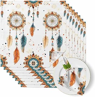 Feather Native Cloth Napkins Set of 8 American Indian Ethnic Tribe Aztec Style Soft Washable Square Dinner Napkins for Party Wedding Restaurant Hotel Cocktail 20x20 Inch
