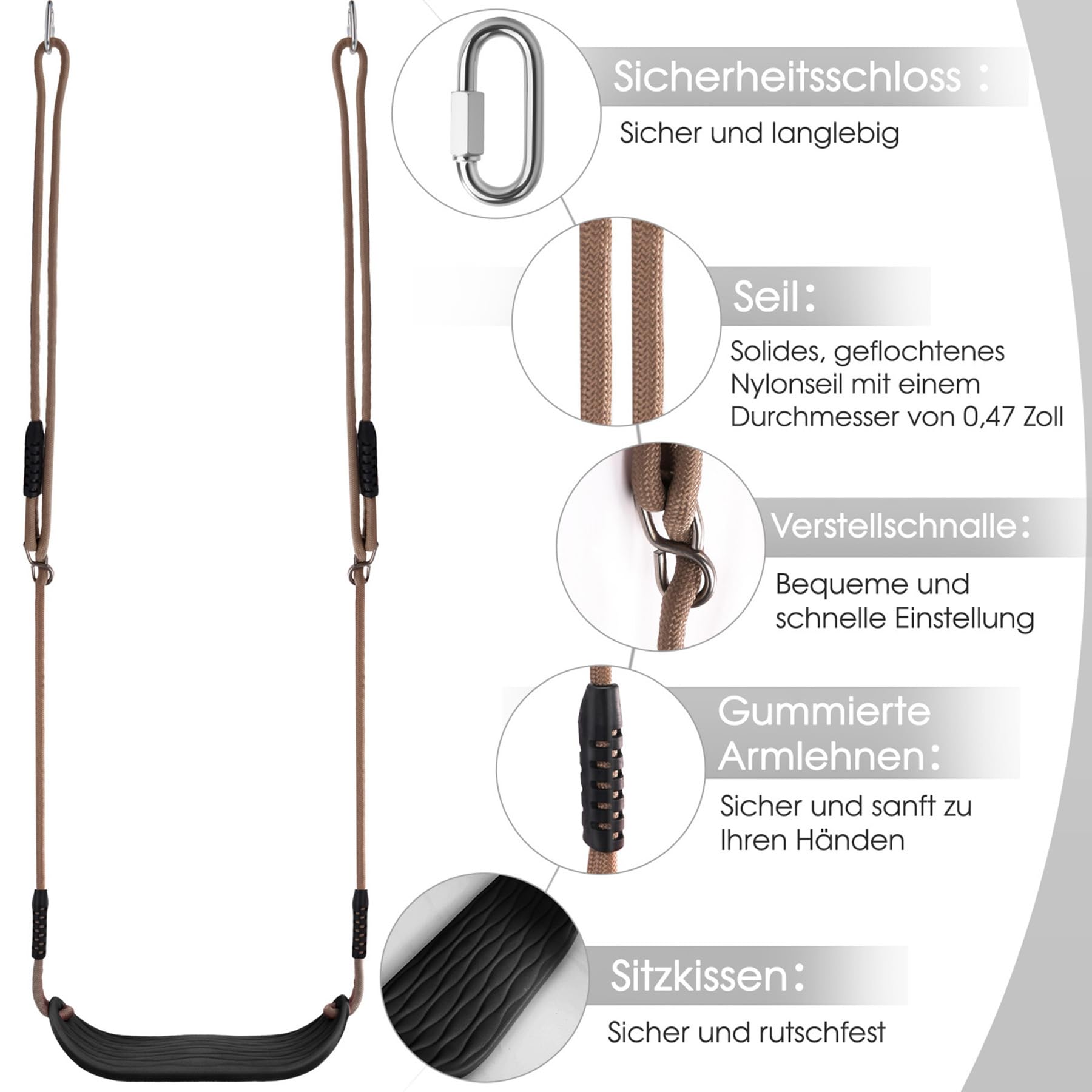 Kinderschaukel Outdoor Schaukelsitz mit verstellbarem 2m Seil und 2 Verschluss, Langlebige Schaukel für Garten und Indoor, Kinder, Tiefschwarz