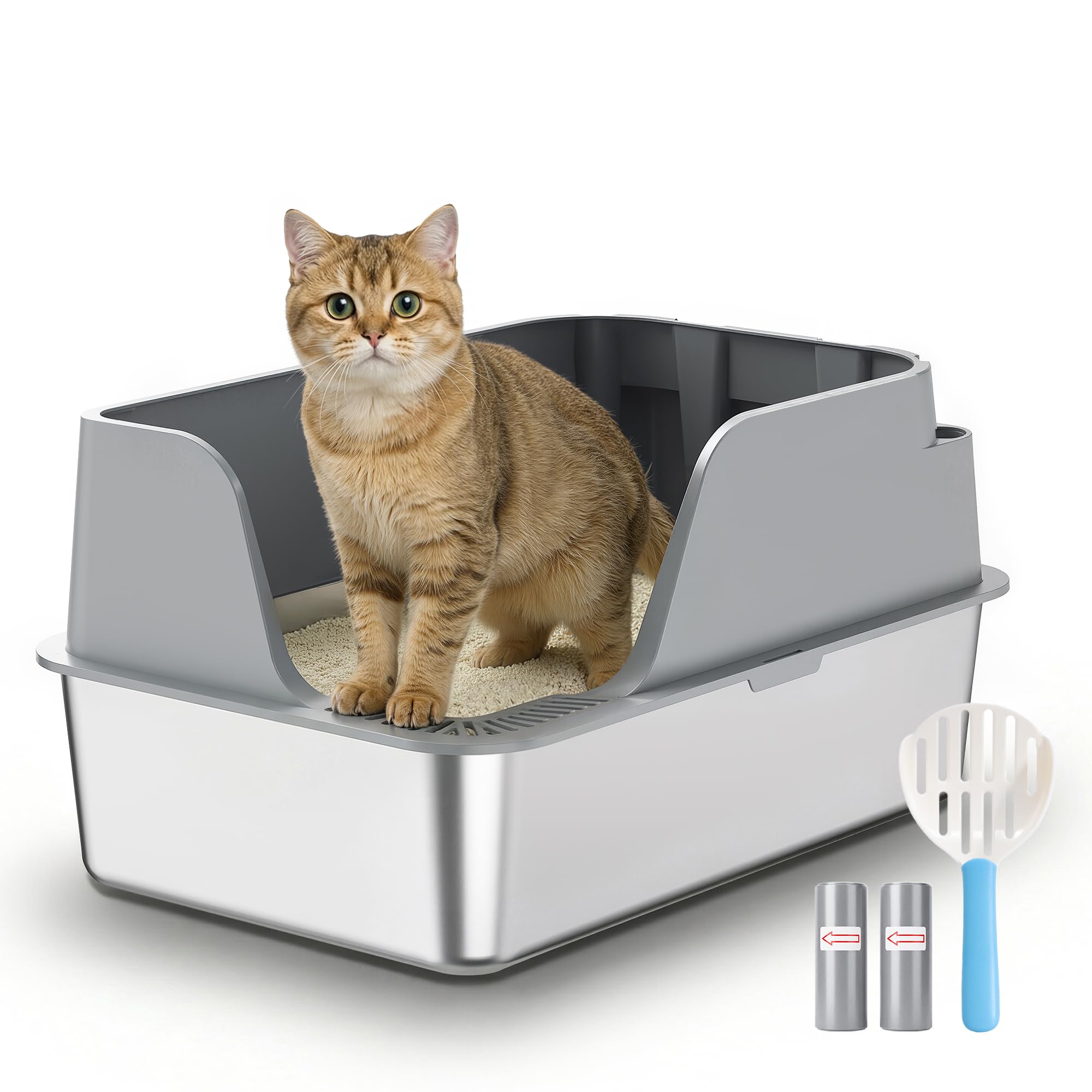 JUMMICO Katzenklo Edelstahl, XXL Katzentoilette aus Edelstahl, Katzenklo mit Schaufel und Matte, erhöhtem Rand, offen, leicht zu reinigen