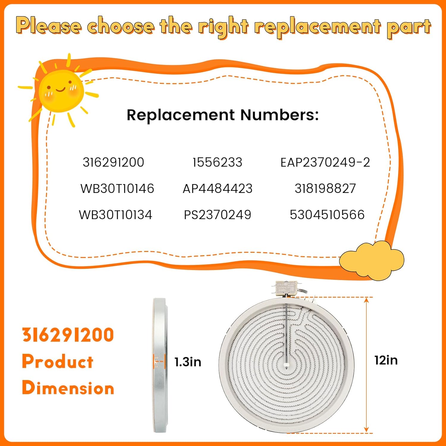 316291200 WB30T10146 12in Range Radiant Surface Element, for GE Kenmore Frigidaire Electric Stove, 12" Single Surface Element Replaces WB30T10134 AP4484423 PS2370249 EAP2370249-2 318198827 5304510566