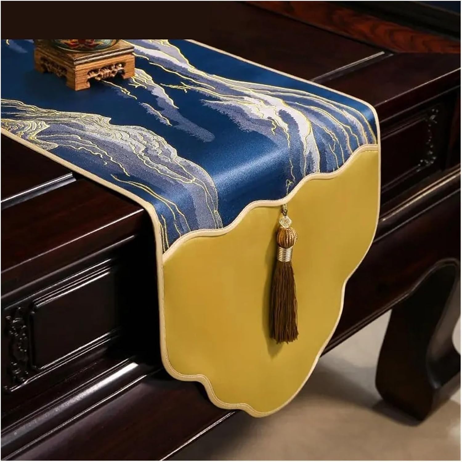 Vintage Table Runner Jacquard Pattern Table Flag, Waterproof, Classical Tea Mats, Household High-end Cloth, Long Strip(Blue,33x520cm)