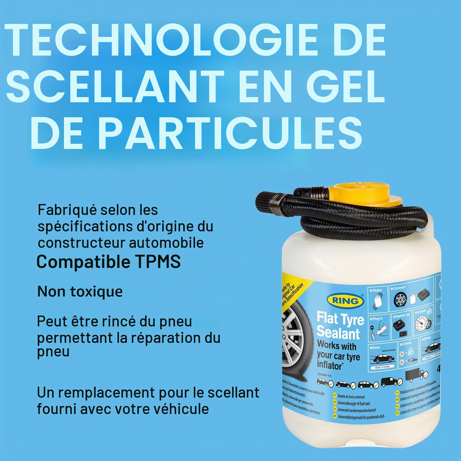 Ring Kit de réparation de crevaison pour Voiture – Mastic et gonfleur de Pneu Inclus