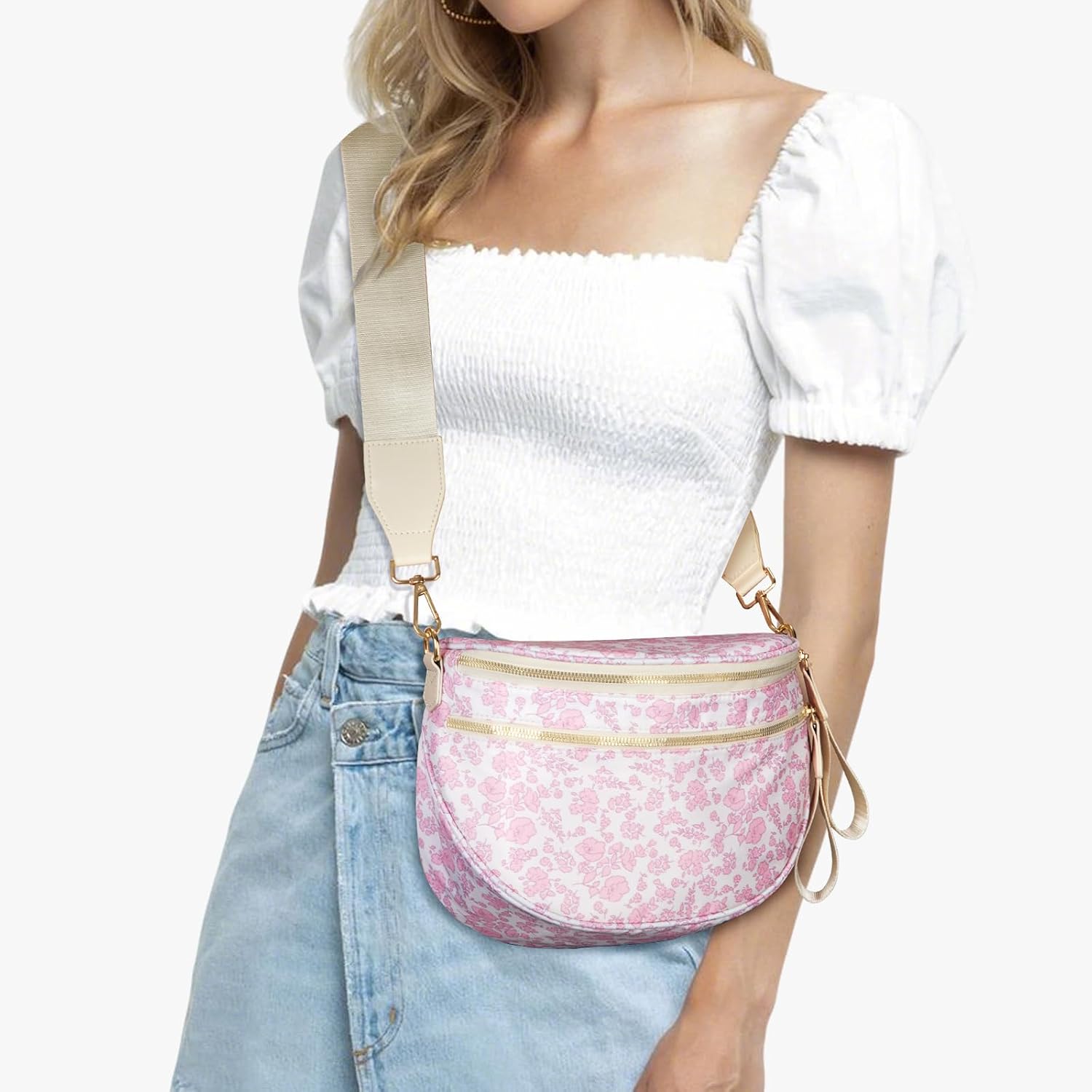 Floral Bum Bag Crossbody Bag for Women Spacious Bum Bags Nylon Crossbody Fanny Packs Fashion Waist Packs (Pink floral)
