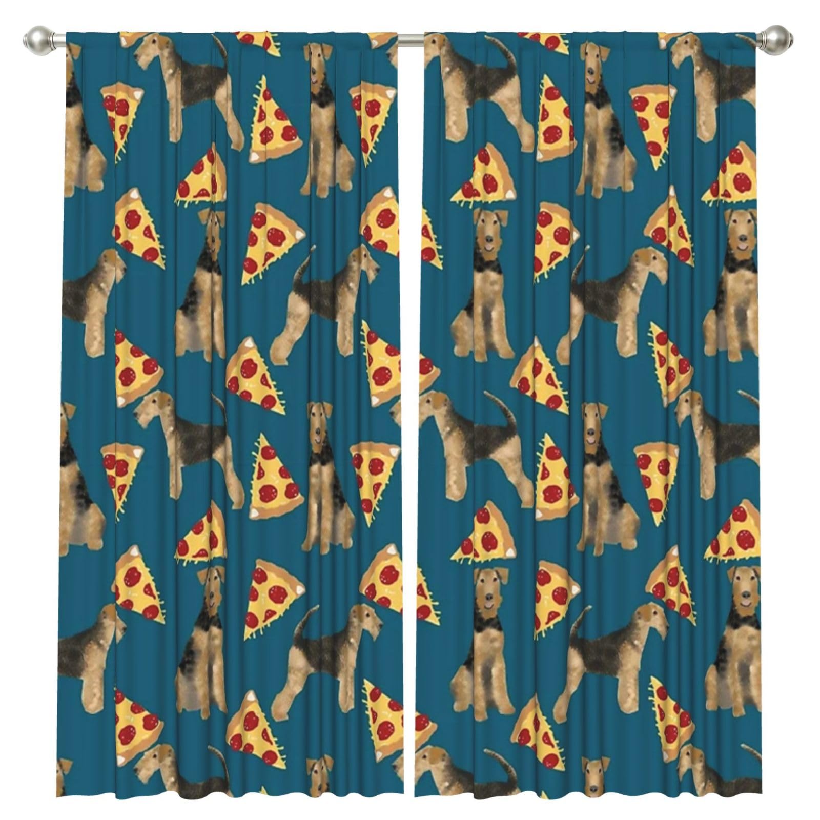 InOmak Airedale Terrier Pizza, 2 Panels Window Curtains 52 x 84 Inch Blackout Curtains for Living Room Bedroom