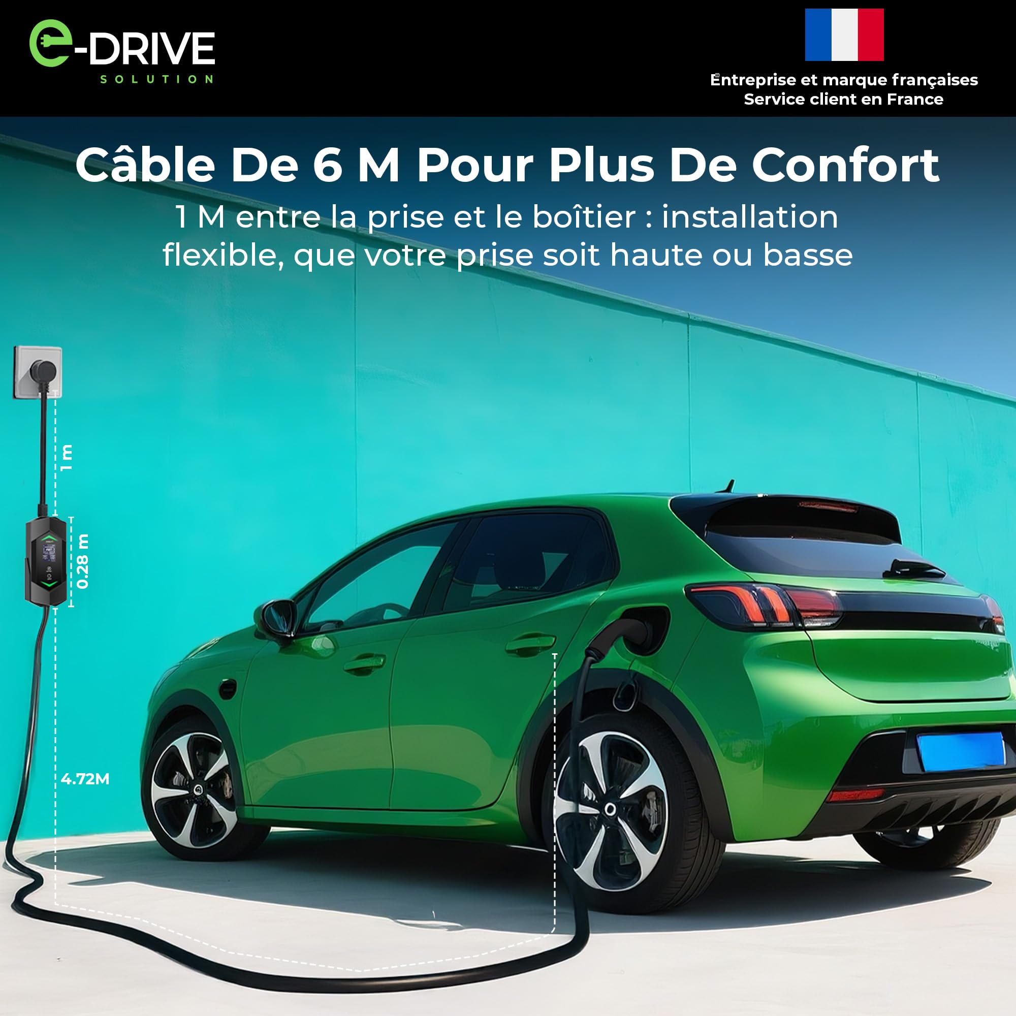 Przenośna ładowarka elektryczna 6-16A z wyświetlaczem LCD + opóźniony start + uchwyt i kabel typu 2 - kompatybilna z wtyczką Green up & Skudo - marka francuska E-Drive Solution