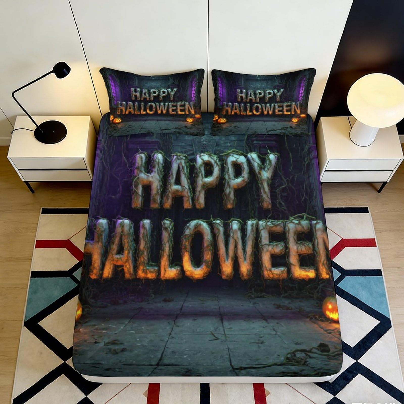3D Printed Halloween Happy Fitted Sheet Microfiber Soft Breathable Pumpkin Bed Cover for Bedroom Dormitory Guest Room Mattress Protection 200x200x25cm
