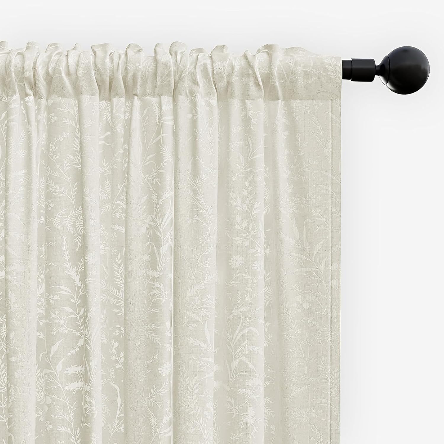 Anmao Beige Semi Sheer Light Filtering Curtains 63 Inches Long 2 Panels, Leaf Pattern Drapes for Living Room Bedroom, Rod Pocket Sheer Window Treatments with Floral Design, 52x63 Inch