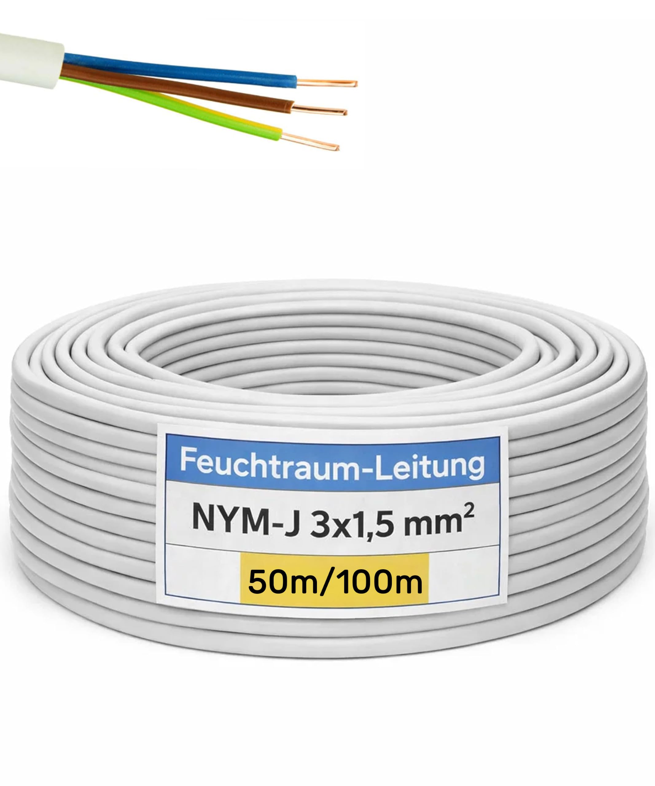 JÄGER 50 m NYM-J Mantelleitung, Installationskabel 3 x 1,5 mm², VDE zertifiziert, Kupferleitung für Unterputz und Aufputz, Feuchtraumleitung flammwidrig, Ringware für Elektroinstallation