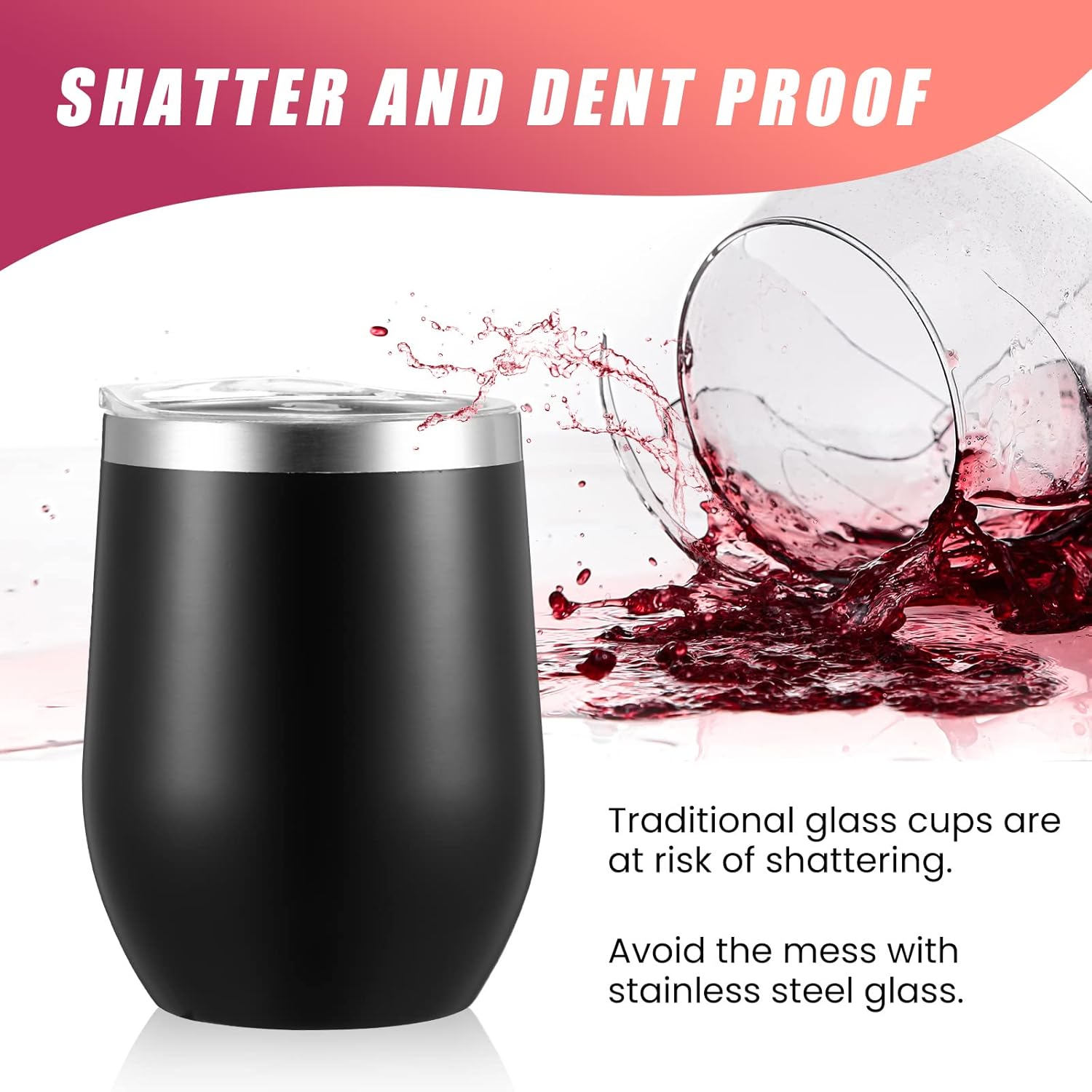16 Pack Stainless Steel Wine Tumblers 12 oz Insulated Vacuum Wine Cup Set Double Wall Stainless Steel Stemless Mug Glasses for Coffee Soda Whiskey Outdoor Travel (Black) - Image 5