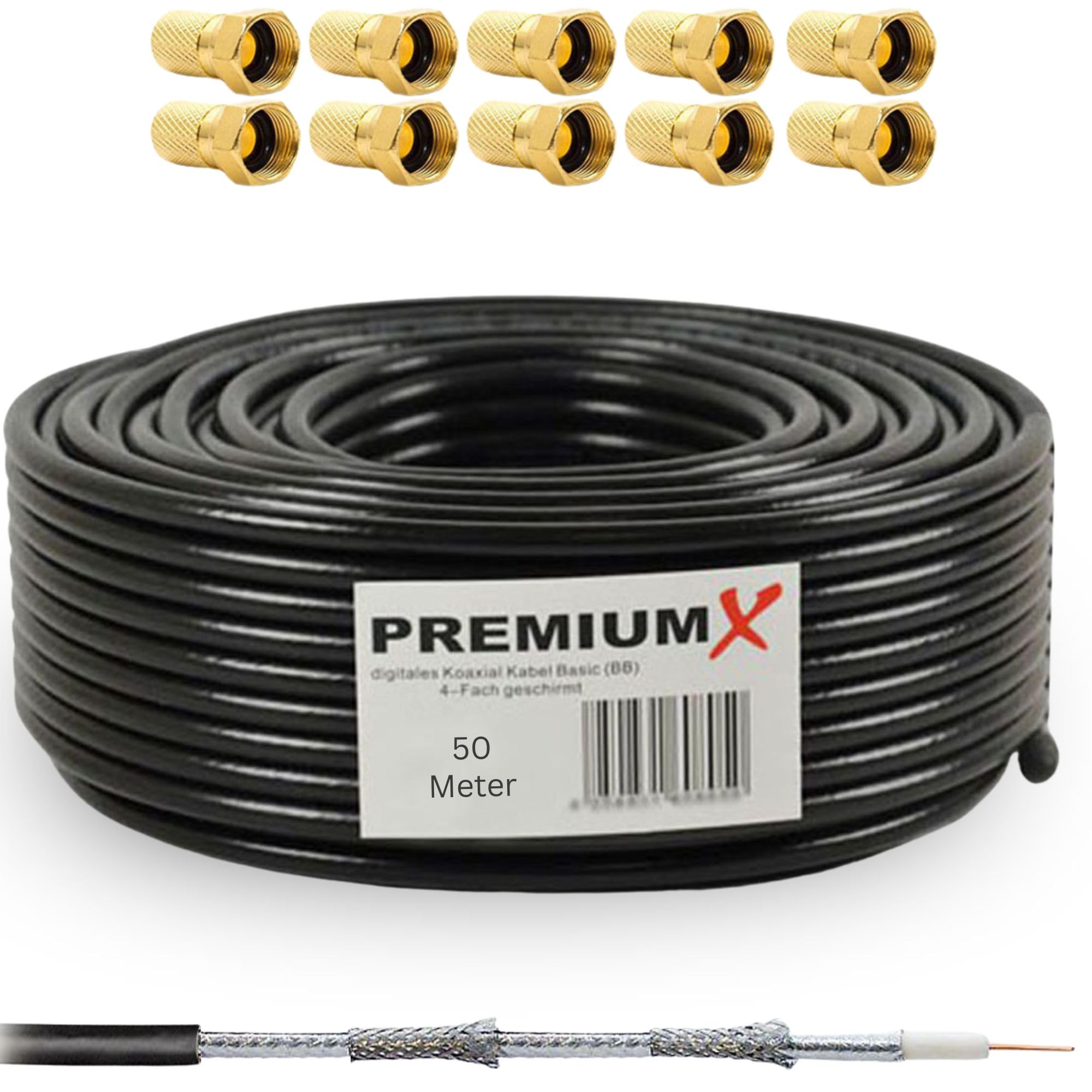 PremiumX 50m DELUXE PRO Koaxial Kabel Schwarz 135dB 5-Fach geschirmt reines Kupfer SAT Antennenkabel 10x F-Stecker