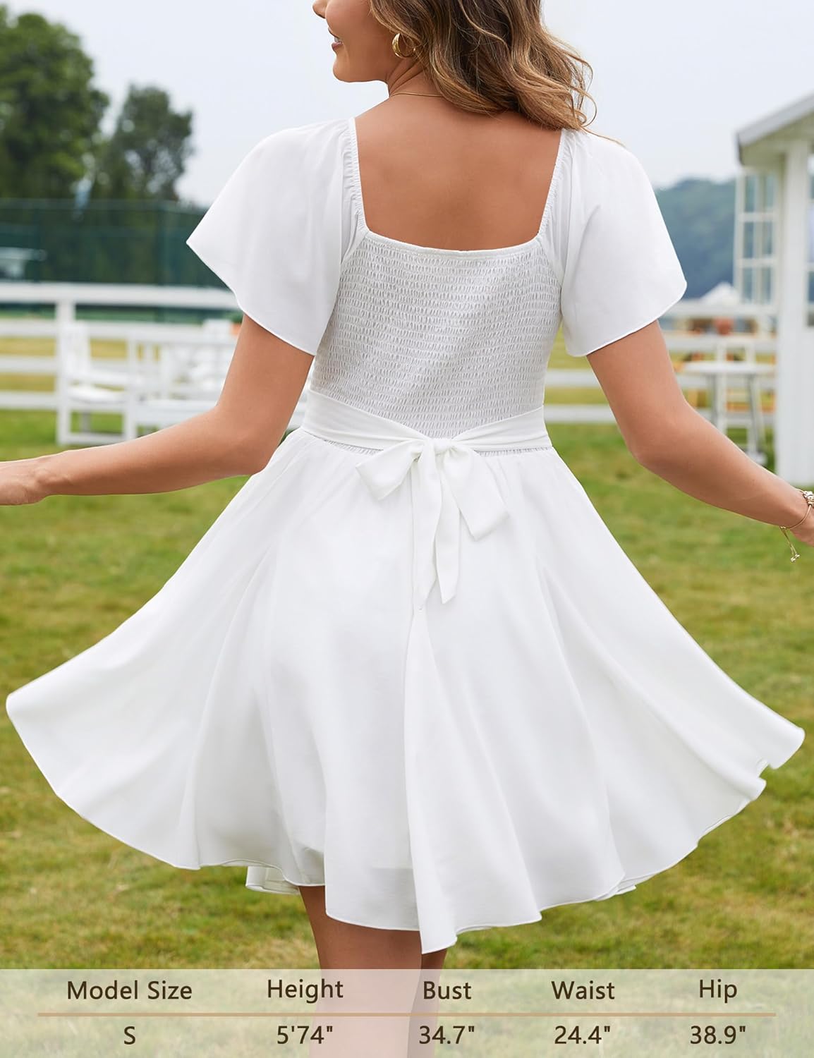 Florboom Women's Summer Sweetheart Neckline Drawstring Dress Tie Back Flutter Short Sleeve Mini Dresses - Image 4