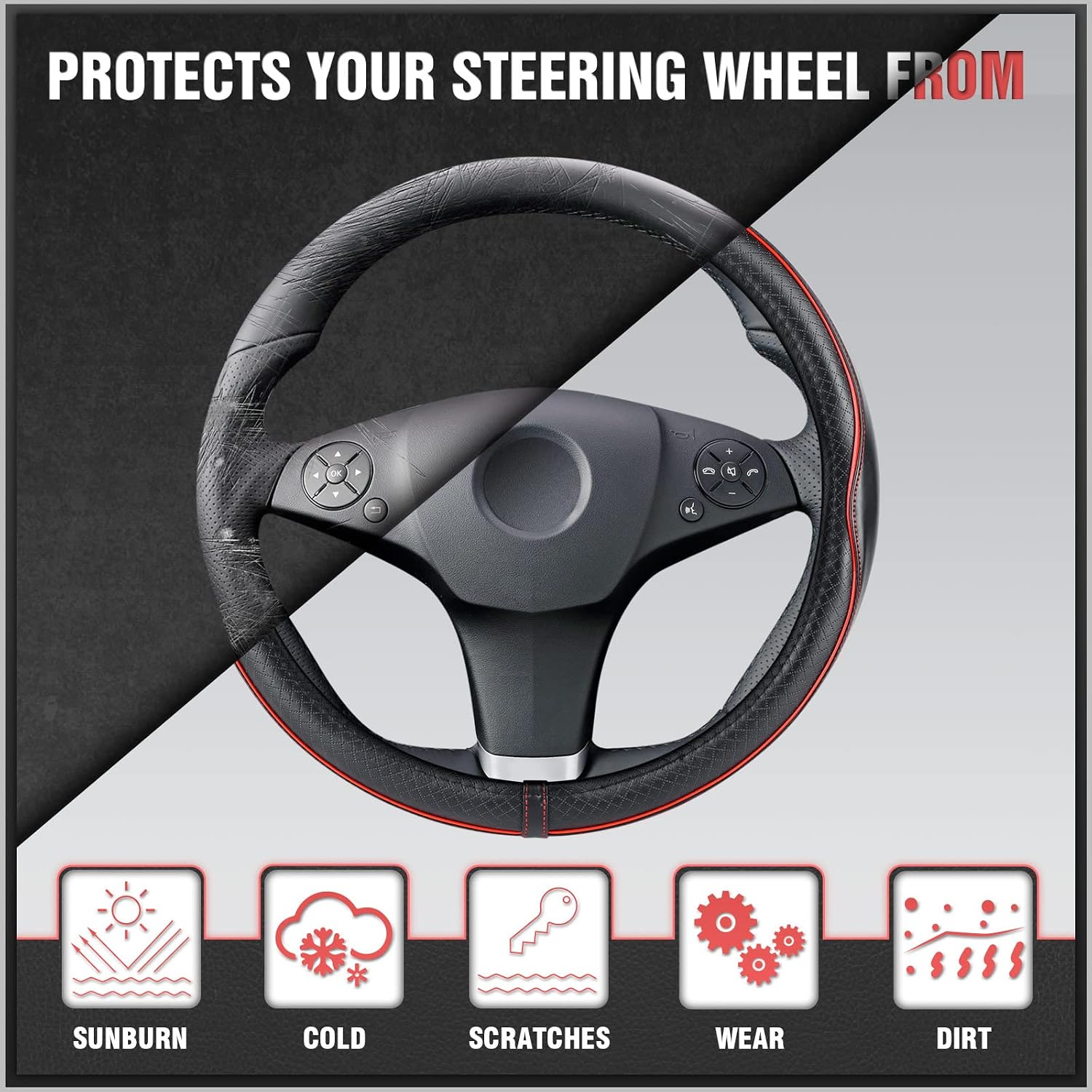 K KNODEL Universal Fit Steering Wheel Cover, Microfiber Leather Car Steering Wheel Cover, Anti-Slip Car Wheel Protector, 15 Inch (Red)