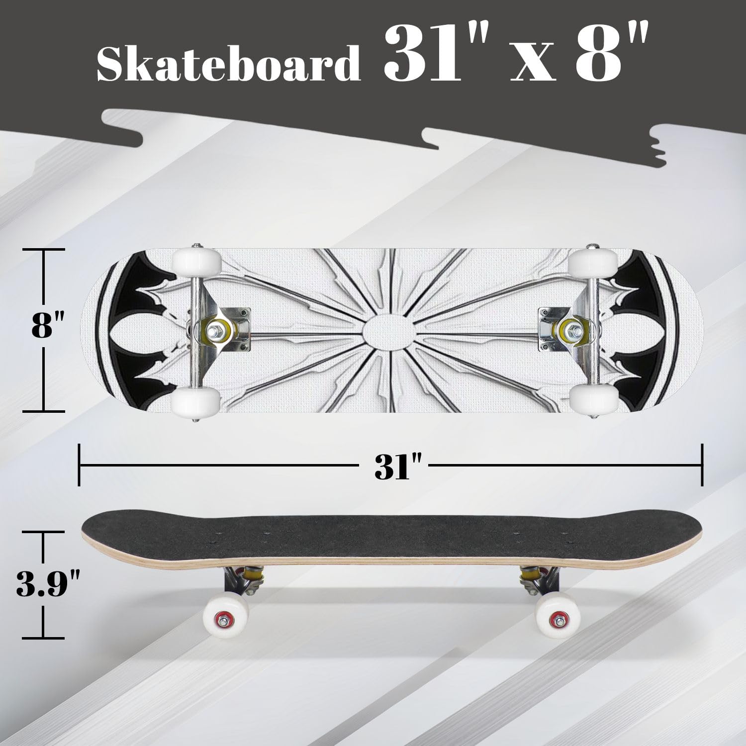 Complete Skateboard with Gothic Rosette Window Pattern Color Beginner Skateboard 7-Layer Maple Wood Double Kick Concave Skateboards for Kids, Adults, Teens 31