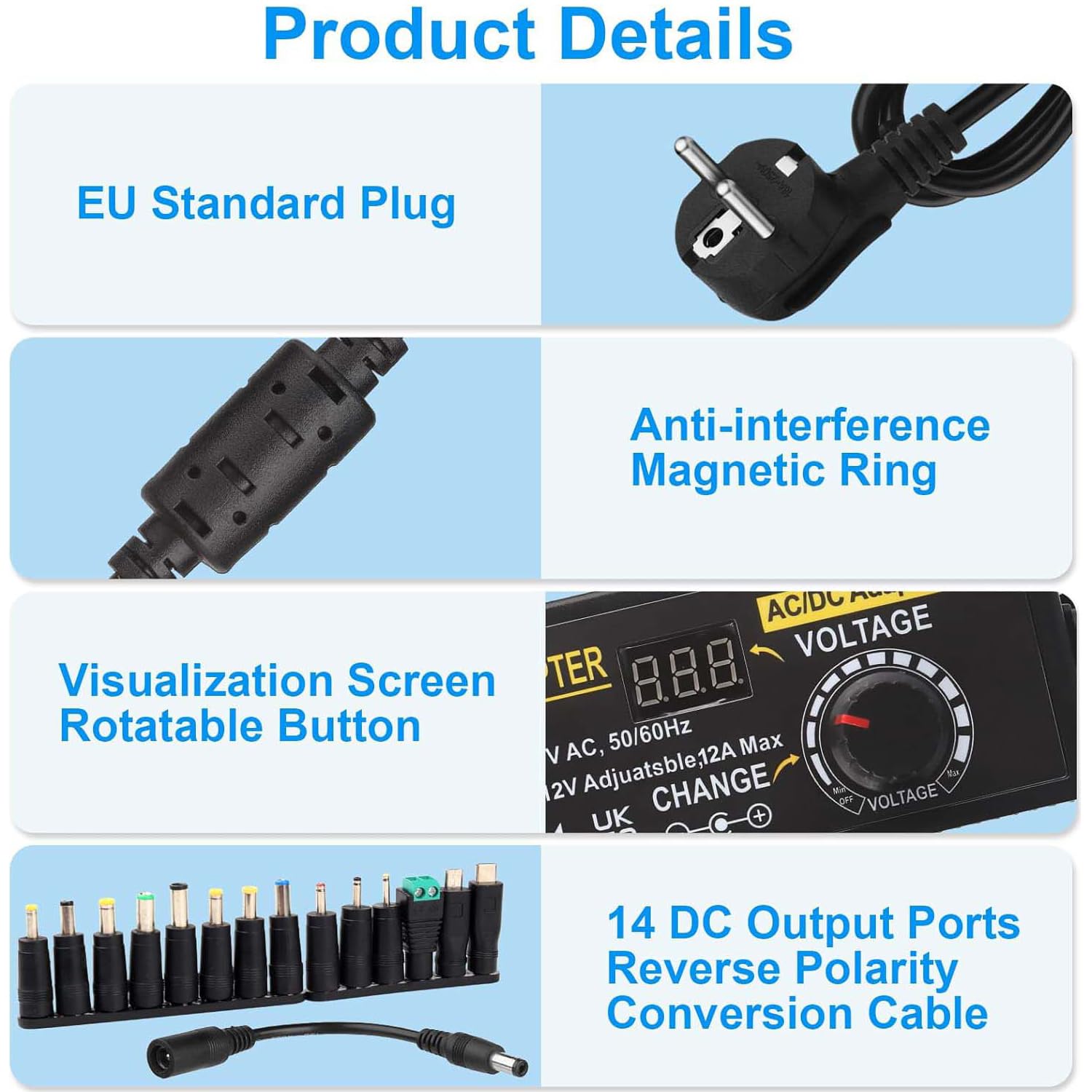 Universal Netzteil 12V 12A, Verstellbarer Netzadapter 3V-12V 144W Einstellbares Netzteil 100V-240V AC to DC 3V 4.5V 5V 6V 7.5V 9V 12V 1A 2A 3A 4A 5A 10A mit 14 DC Steckern