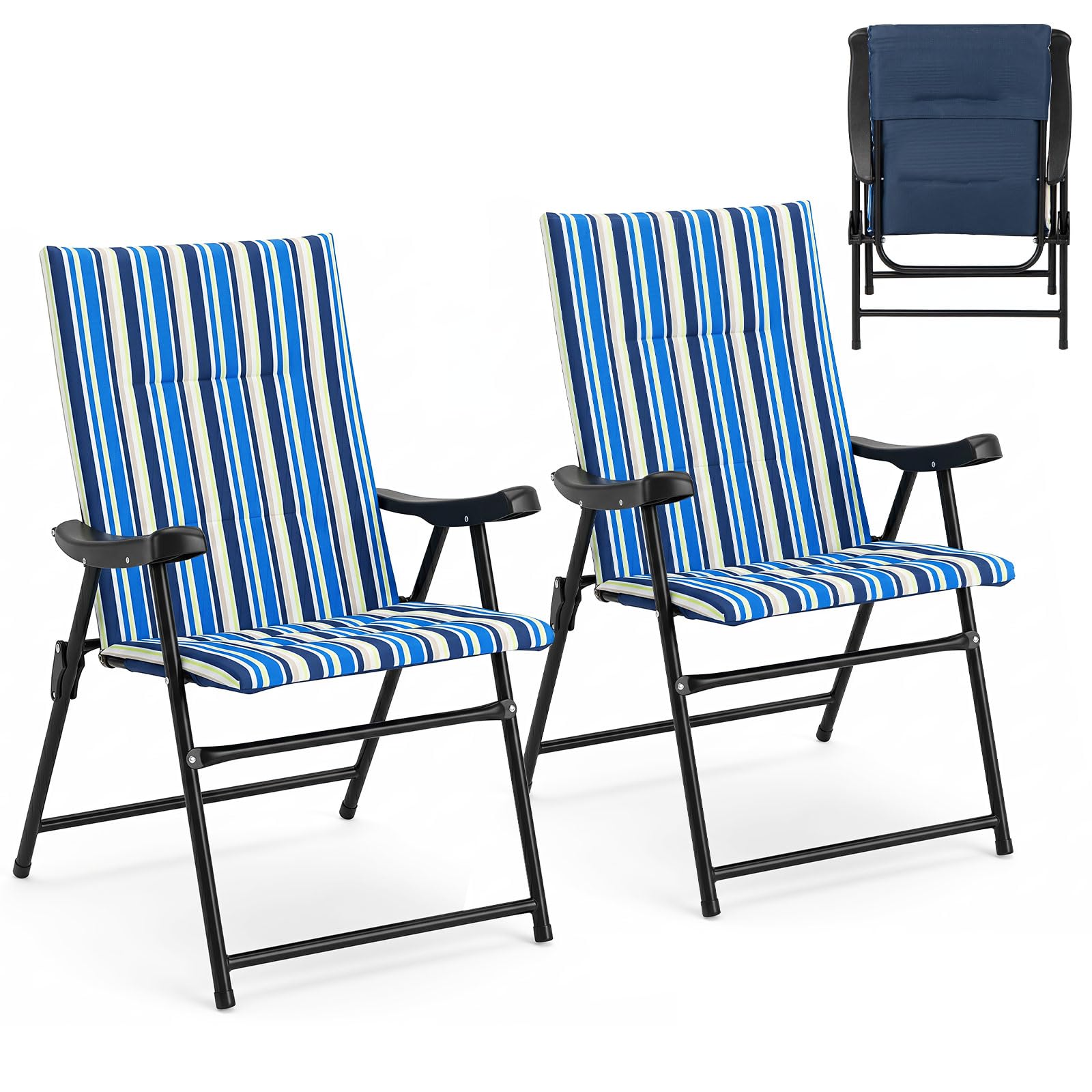 COSTWAY Set di 2 Sedie da Campeggio Pieghevoli, Sedie da Spiaggia Portatili | con Braccioli, Cuscino Morbido e Schienale Alto, Portata 150 kg, Sgabelli Imbottiti da Esterno per Giardino e Terrazza