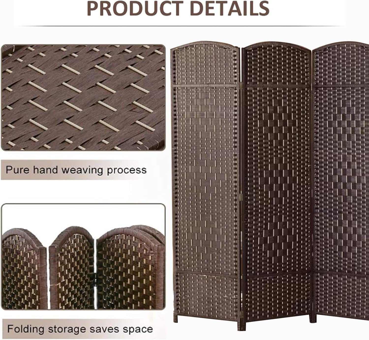 4パネルラタンルームディバイダー折りたたみ自立屋内間仕切り壁移動簡単スペースセパレーター ダークブラウン 80x40cm - 万能プ