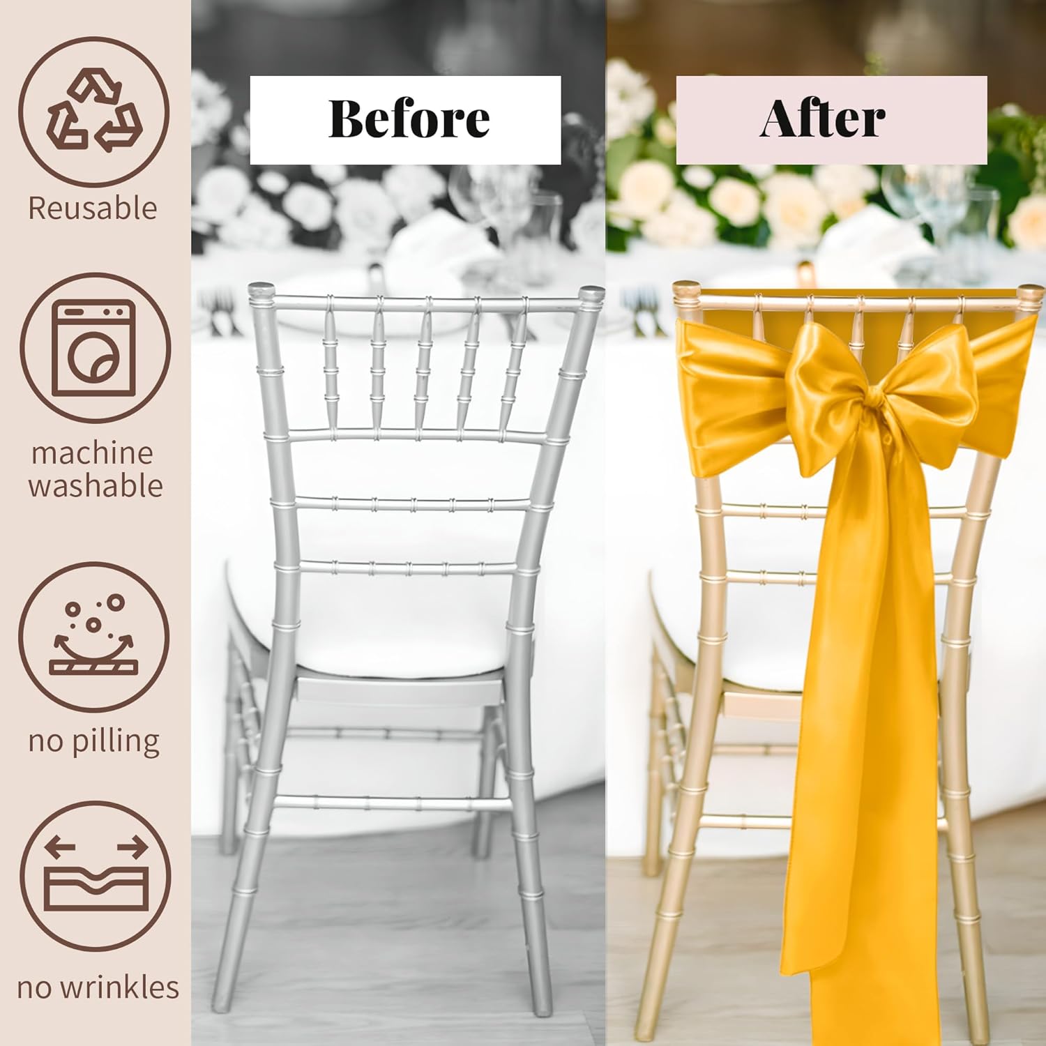 Satin Chair Sashes Bows 50 pcs Chair Ribbon Sashes for Wedding Party Reception Events Banquets Hotel Event Chairs Decoration（Gold 7x108 inch）