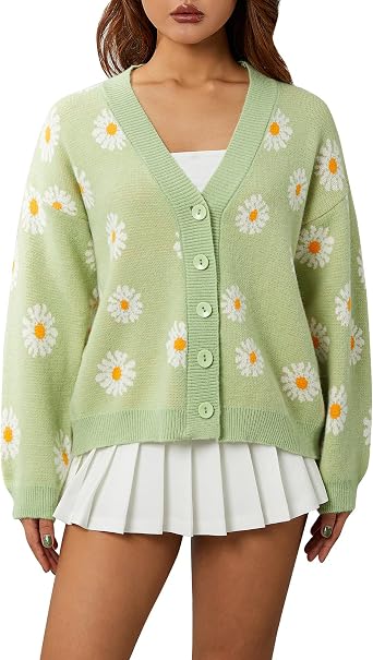 Women Y2K Floral Print Cardigan Sweater Long Sleeve V Neck Knit Tops Button Down Open Front Sweet Going Out Coat