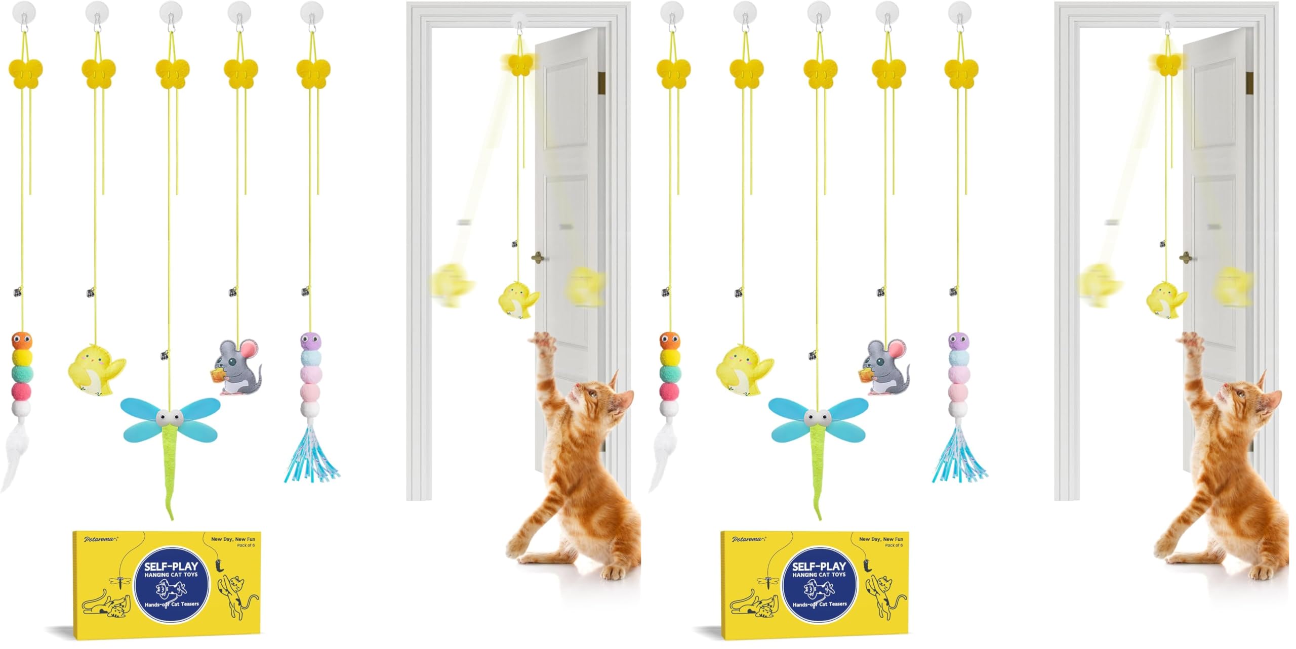 Potaroma Interactive Cat Feather Toys 5 Pcs, Cat Teaser Retractable Hanging Indoor Kitten Play Chase Exercise, Mental Physical Stimulation for All Breeds and Species (Pack of 2)