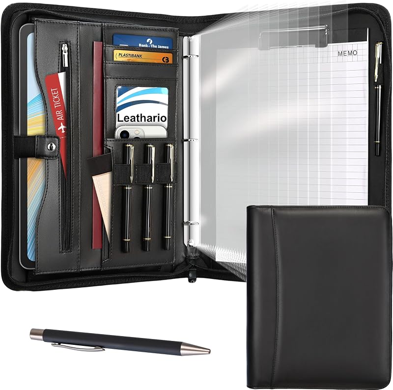 Portfolio Binder, Padfolio Organizer, 3 Ring Binder with Zipper | Includes Pen and 10 Sheet Protectors, Fits 13 in Tablet, Vegan Leather, for Business Resume Office Professional Men and Women