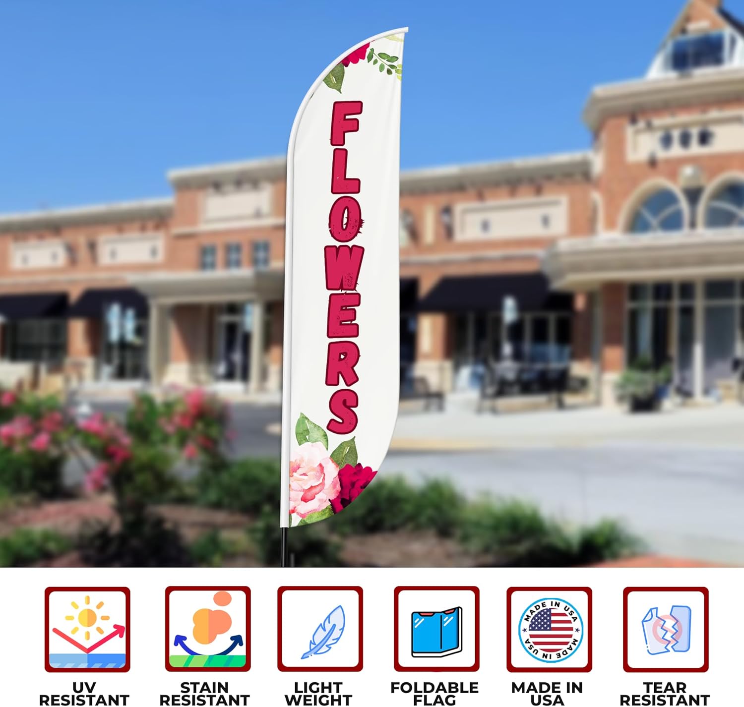 Flowers Sign Feather flag Pole Mount for Outdoor by Mavis Print | 11.5 FEET Long Polyester Outdoor Banner Flag Pole Kit for Easy Hang | HD Print Swooper Flag Pole Stand for Valentine's Day | US Made