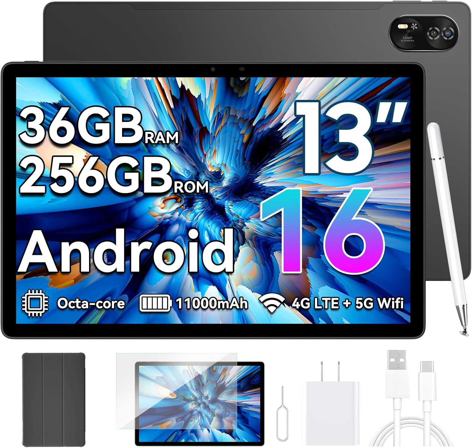 Blackview Android 16 Tablet with 36GB RAM + 256GB ROM (2TB TF), 13 Inch Gaming Tablet with 50MP + 13MP Dual Camera, LTE + 5G WiFi 2K FHD Large Display, WideVine L1, Octa Core T620, 11000 mAh