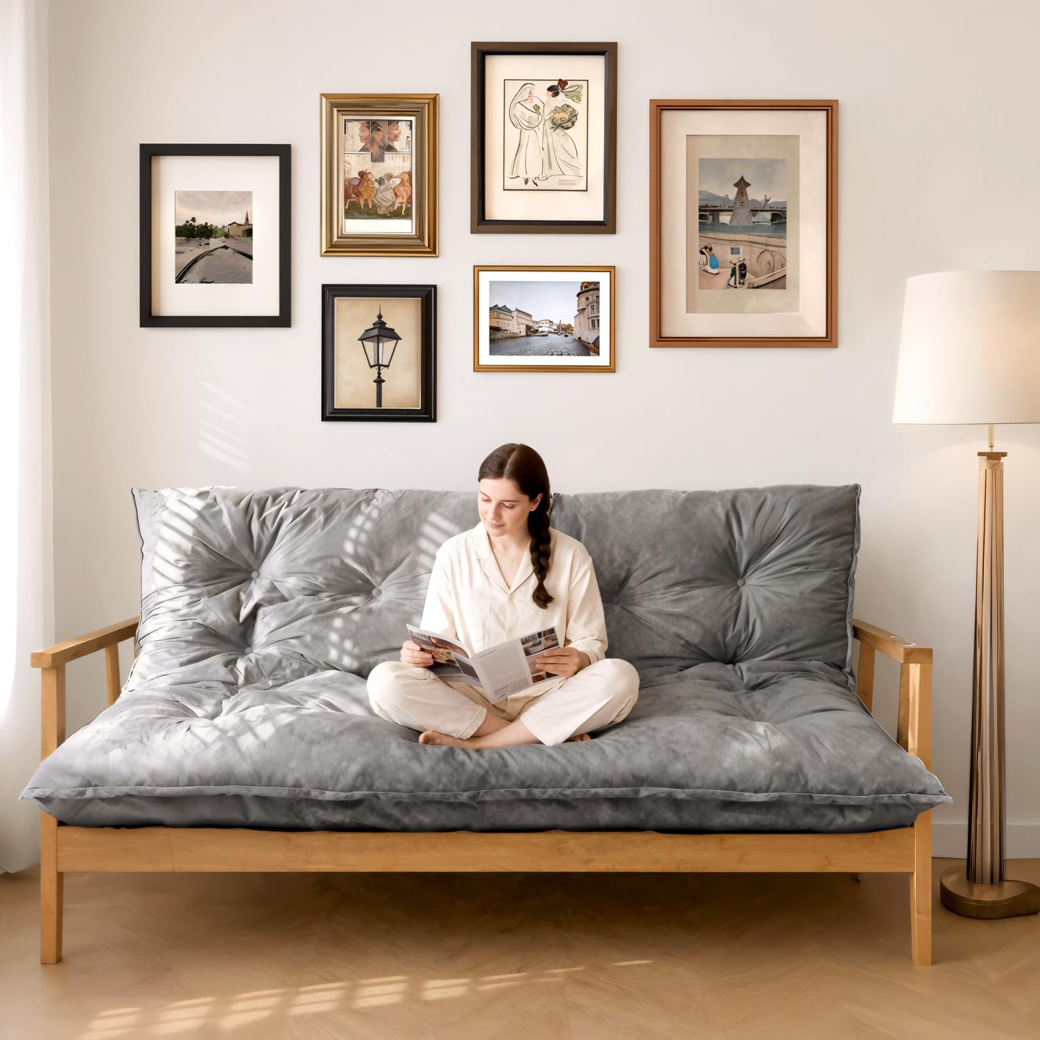6" Futon Mattress Full Size, Tufted Futons Sofa Couch Bed with Twisted Rope Design Edging,Versatile Floor Mattress for Adults，Shredded Foam Filling (Frame Not Included Gray, Full)