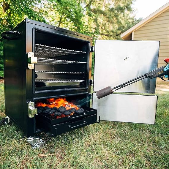 Ash & Ember Reverse Flow Smoker Grill, Vertical Meat Smoker, Durable Steel Smoker Box for Outdoor Cooking, Insulated Chambers, Four Cooking Grates, Heat Deflector & Grease Pan Included
