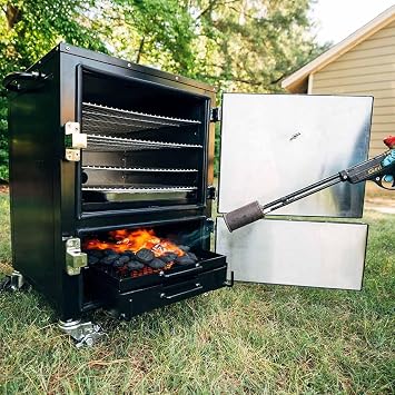 Ash & Ember Reverse Flow Smoker Grill, Vertical Meat Smoker, Durable Steel Smoker Box for Outdoor Cooking, Insulated Chambers, Four Cooking Grates, Heat Deflector & Grease Pan Included