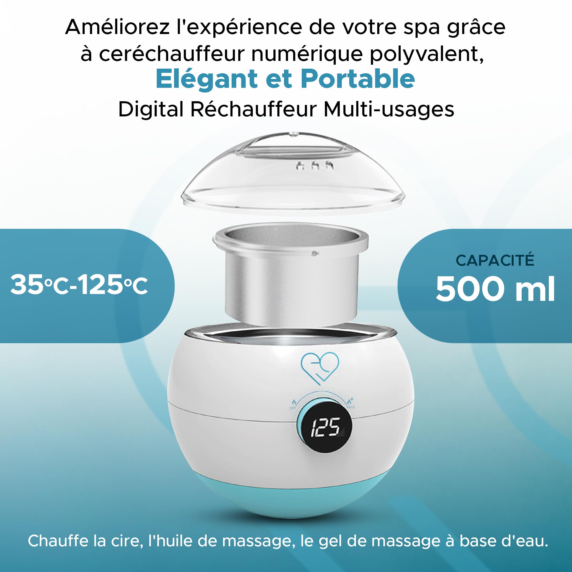 Chauffe-gel et huile de massage électrique, fondoir à cire, pot en aluminium 500ml, réglage température 35-125°C, écran LCD