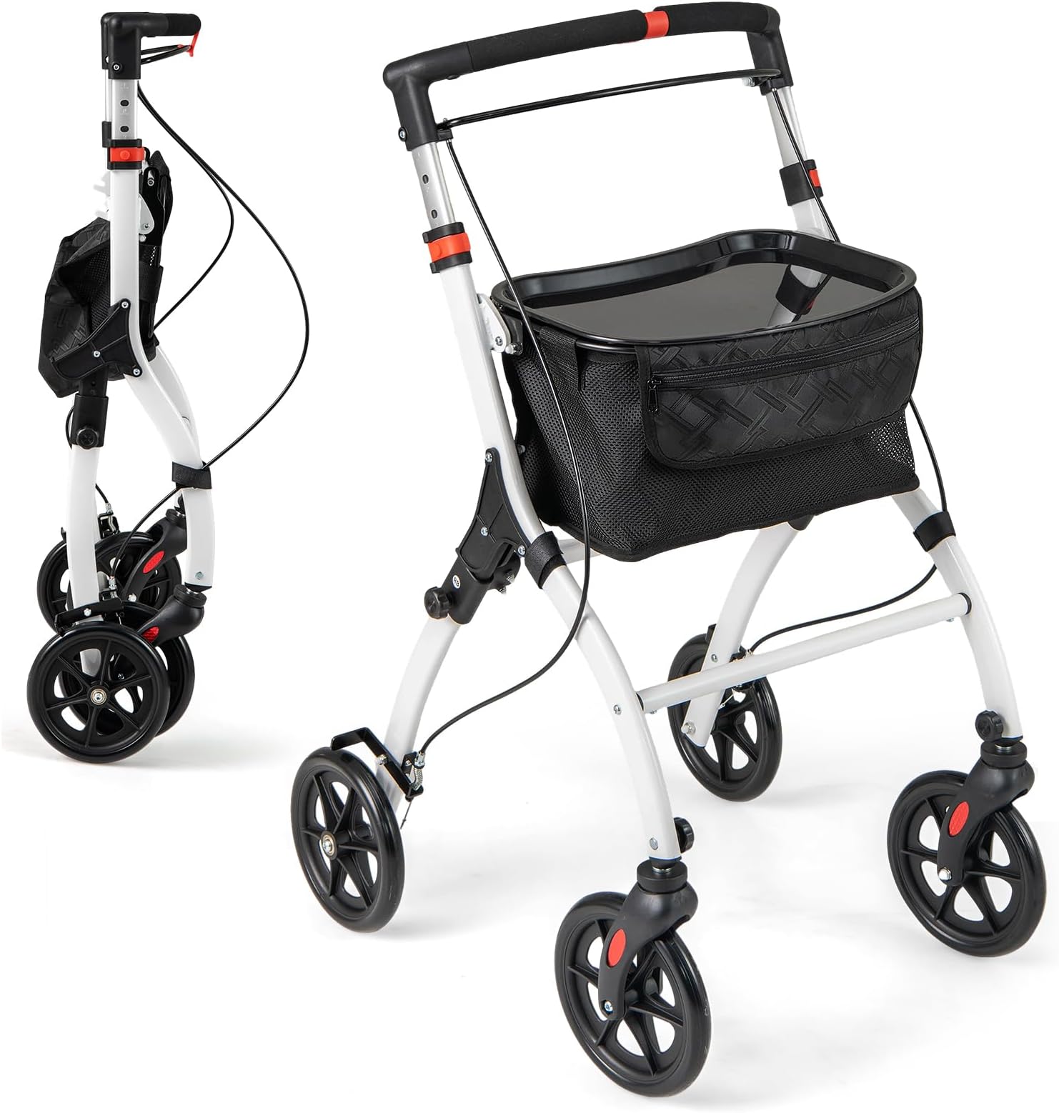 Folding Rollator Walker for Elderly, 4 Wheel Narrow Walking Aid with Removable Tray, Basket and Brakes, Adjustable Lightweight Rollator for Disabled (White)