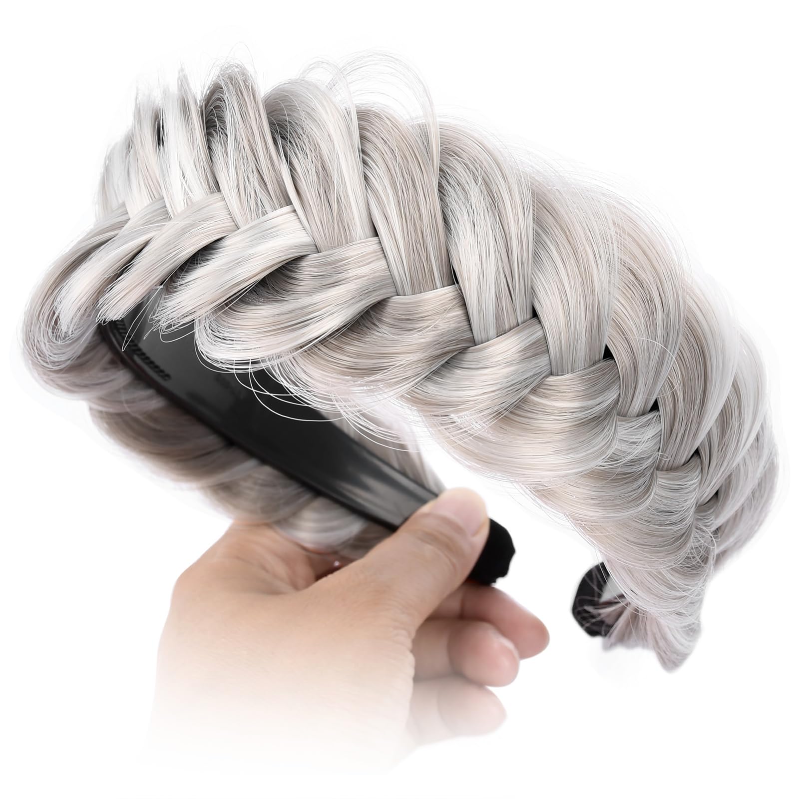 GLEDOLA Wide Messy Braided Headband with Teeth Synthetic Hair Plaited Headband High Elasticity Braids Chunky Fishtail Braided Hair Band Hairpiece for Girls Women (Smoky Gray) - Image 4