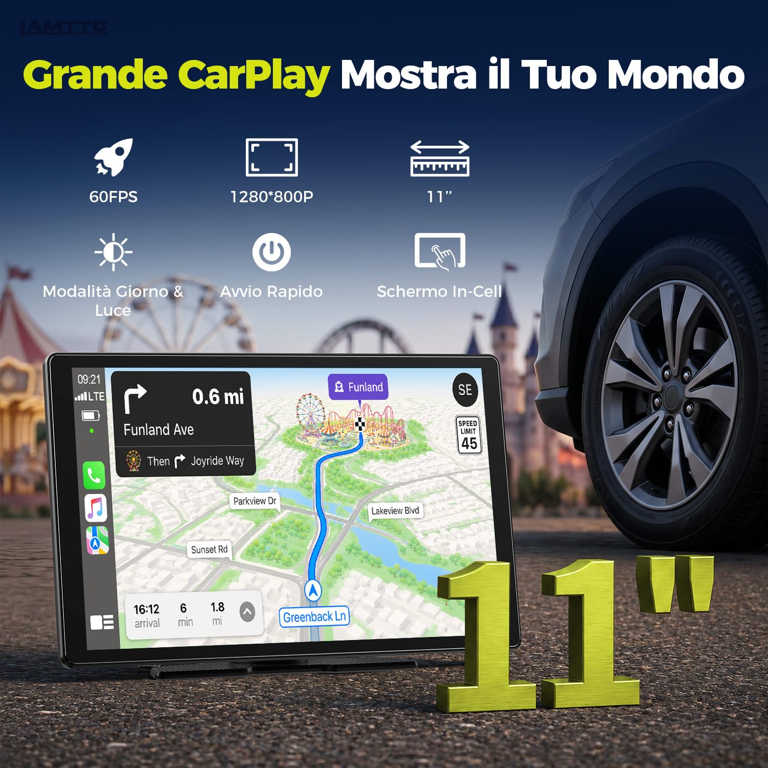 LAMTTO Schermo Portatile Wireless da 11 Pollici 2026 Upgrade CarPlay per Apple CarPlay & Android Auto,Car Play per Auto con Navigazione GPS, Bluetooth, AirPlay, AUX, Connettività per Tutti i Veicoli