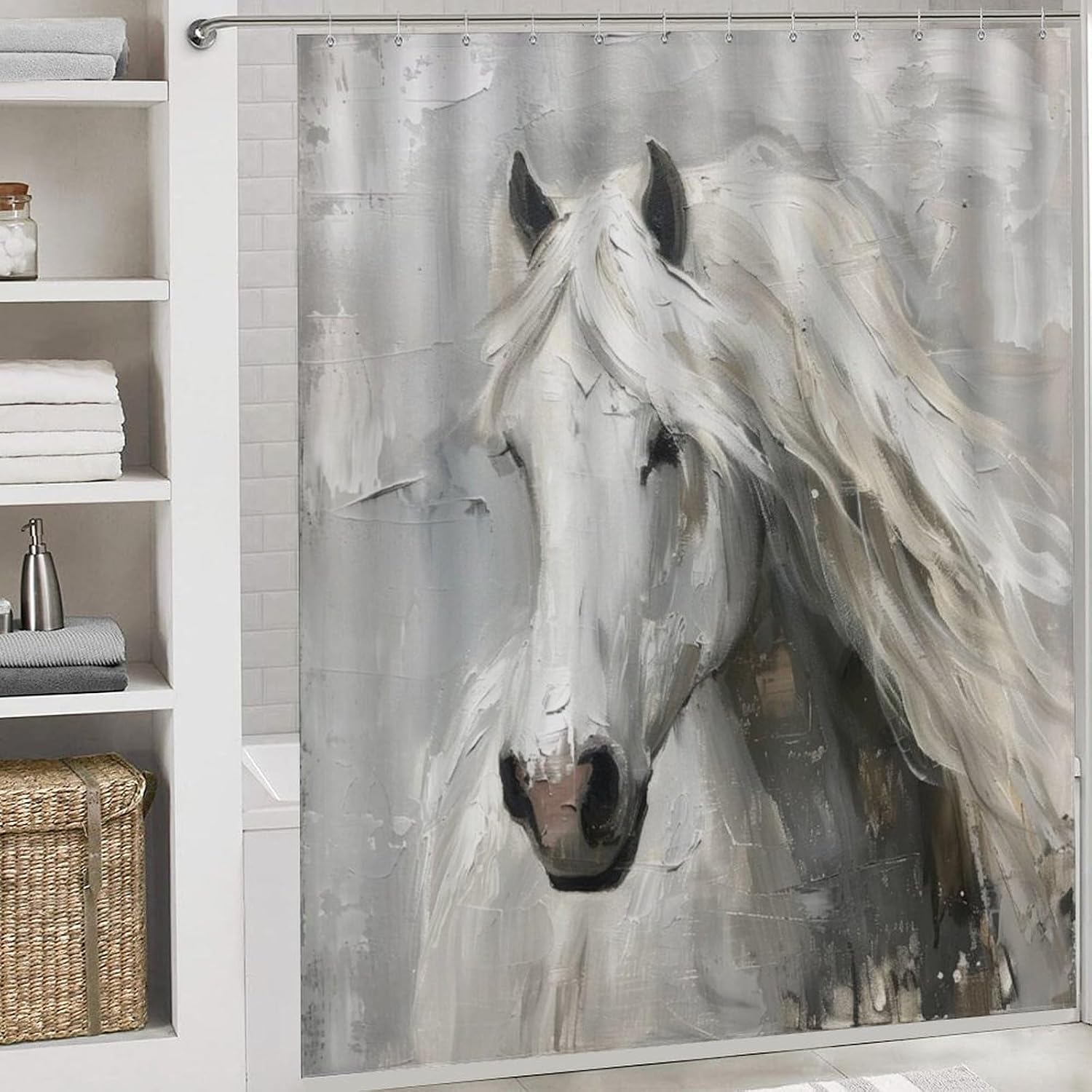 Doodle Horse Painting Shower Curtain Sets with Toilet Lid Cover and Rugs, Modern Abstract Animal Bathroom Decor Set with Rug U Shape Mat, Waterproof Shower Curtain with 12 Hook 4Pcs