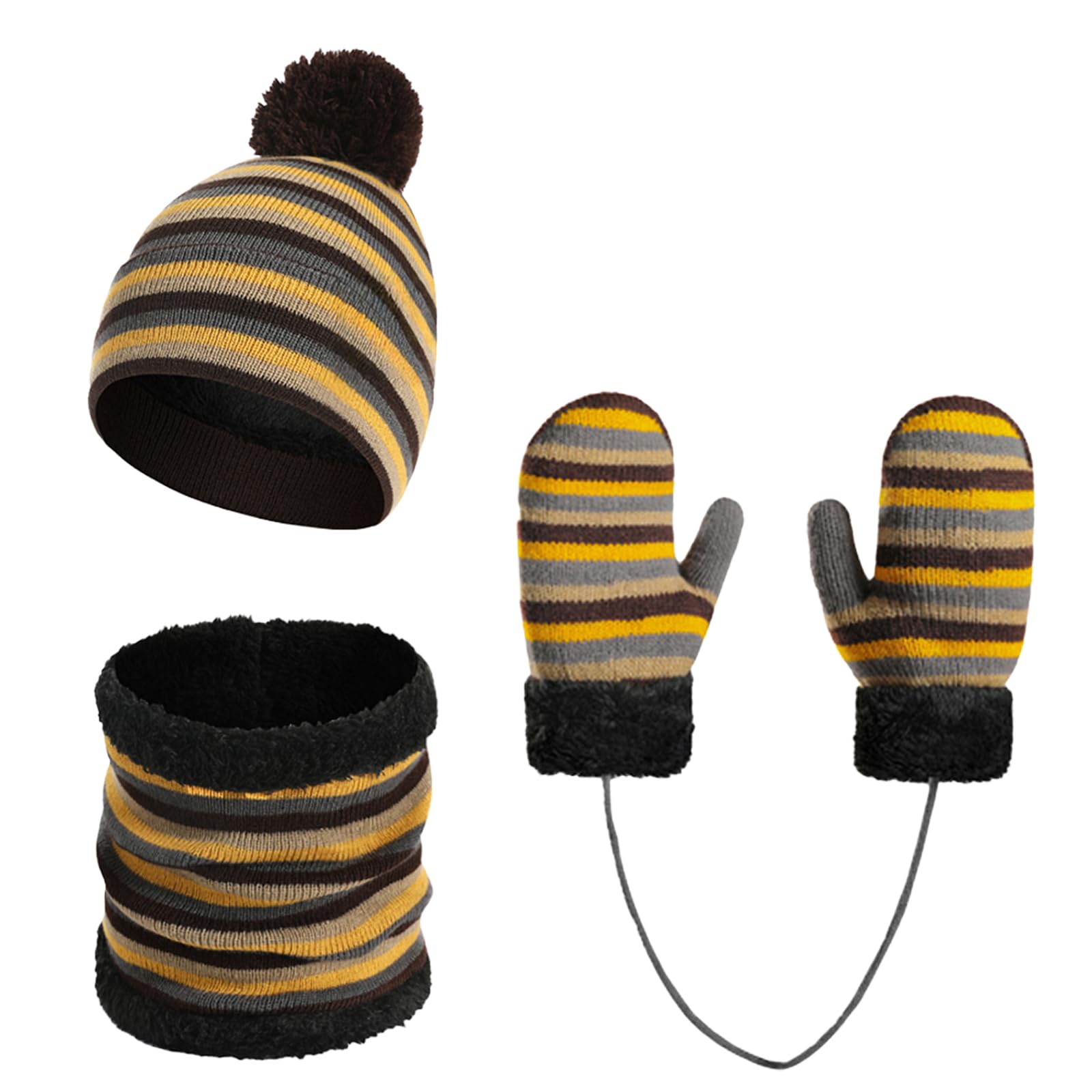 Enfant Bonnet Écharpe et Gants Ensemble Bonnets Tricotés avec Pompon Écharpe d'hiver Chaude Gants écharpe Bonnet Tricot Doublure Épaisse pour Fille Garçon 2-6Ans