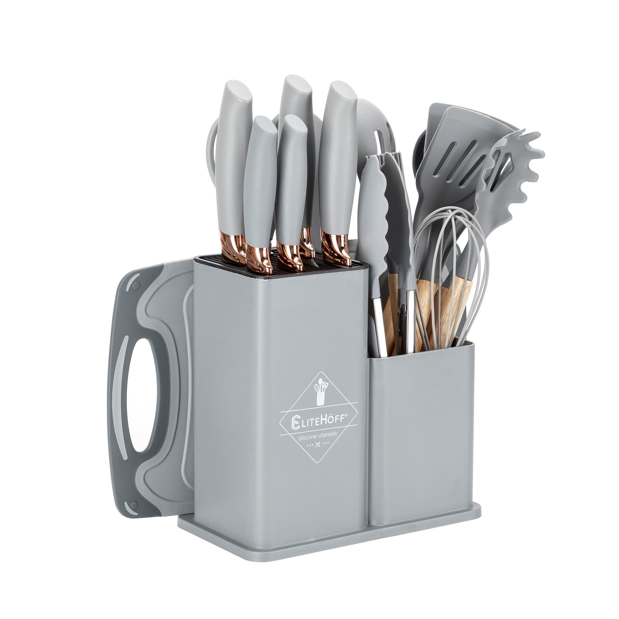 EliteHoff Juego de cuchillos de cocina de 19 piezas - Utensilios de silicona con mangos de madera, 5 cuchillos, 12 accesorios de cocina, tabla de cortar y soporte, sin PFOA, apto para lavavajillas (E