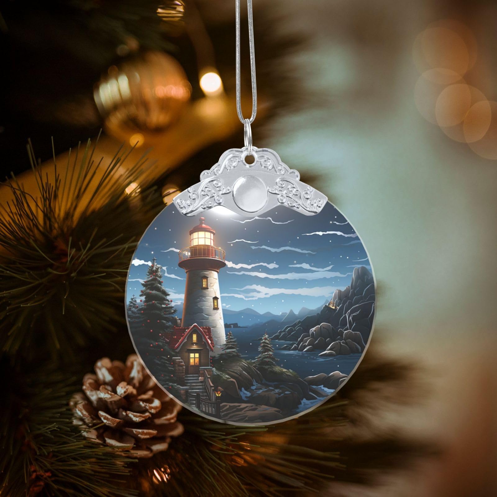 Crystal Christmas Ornaments for Christmas Tree Decoration Hanging Santa Claus Lighthouse Ornament with Gold Ribbon Crafts Round Pendant for Keepsake Gifts Glass Xmas Decor Party Supplies