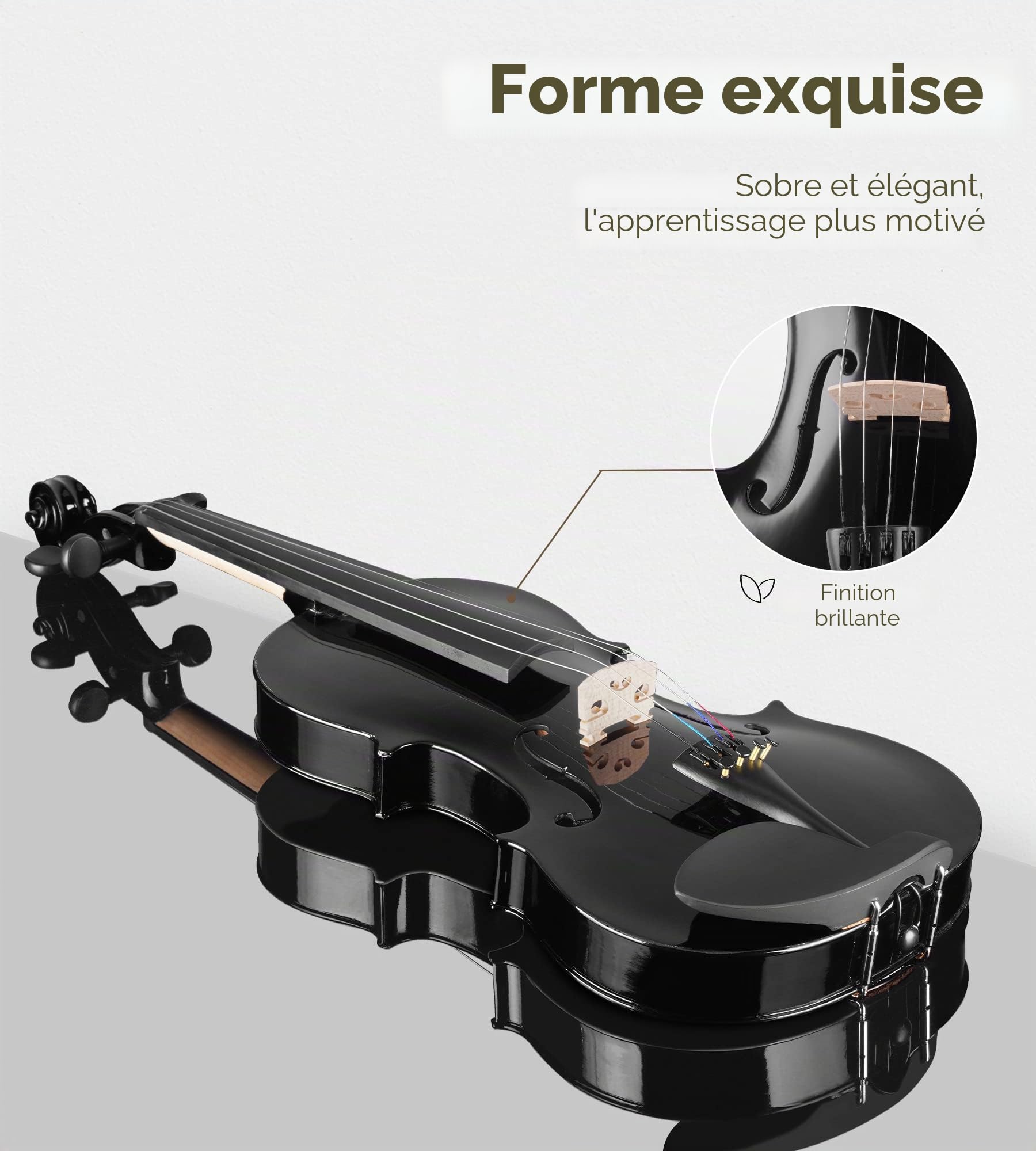 Vangoa Violon 4/4 Adulte Pleine Grandeur Acoustique Violon Débutant Set avec Étui, Colophane, Épaulière, Accordeur, Cordes, Archet de Violon, Autocollant de Touche, Noir