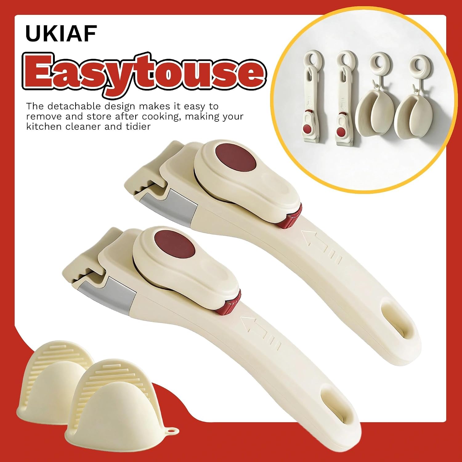2PCS Removable Pot Handle Cream Beige with 2 PCS Silicone Oven Gloves Pot Handles Replacement Suitable for All Cookware