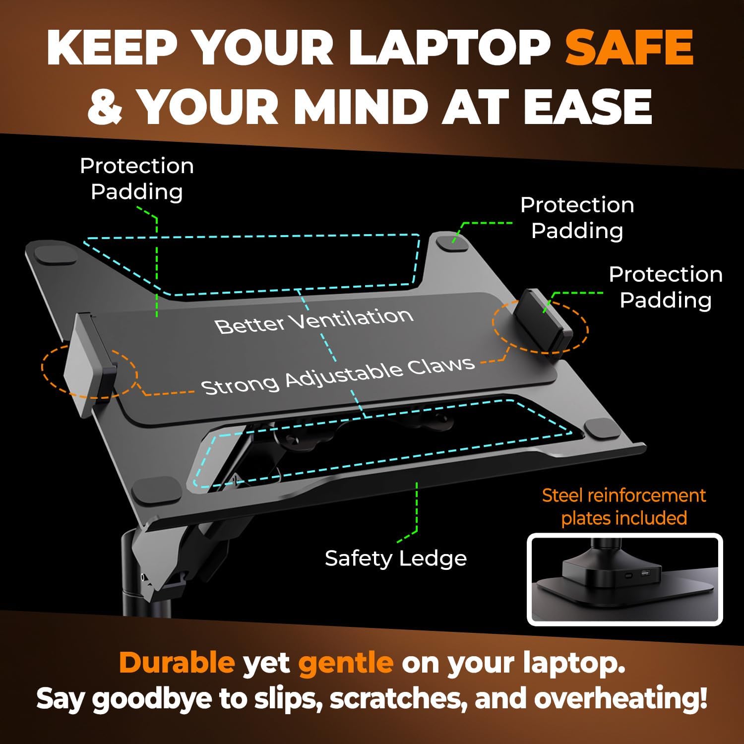 Elevate Pro - Heavy-Duty Standing Laptop Mount for Desk (11"-17.3" - max. 26lbs) Fully Adjustable Gas Spring Arm Stand - Clamp & Grommet Base - Steel Plates for Desk Protection & Stability