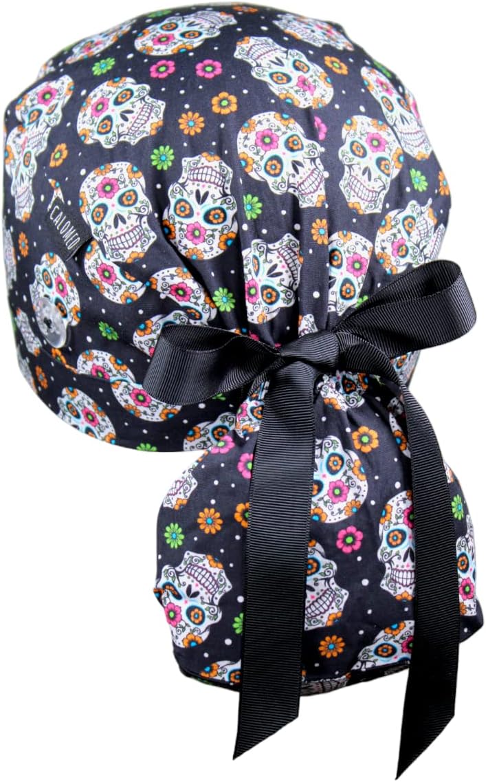 Scrub Cap for Women and Men, Ponytail Scrub Caps, Working Hat, Head Cover with Ribbon Ties and Buttons, Long Hair