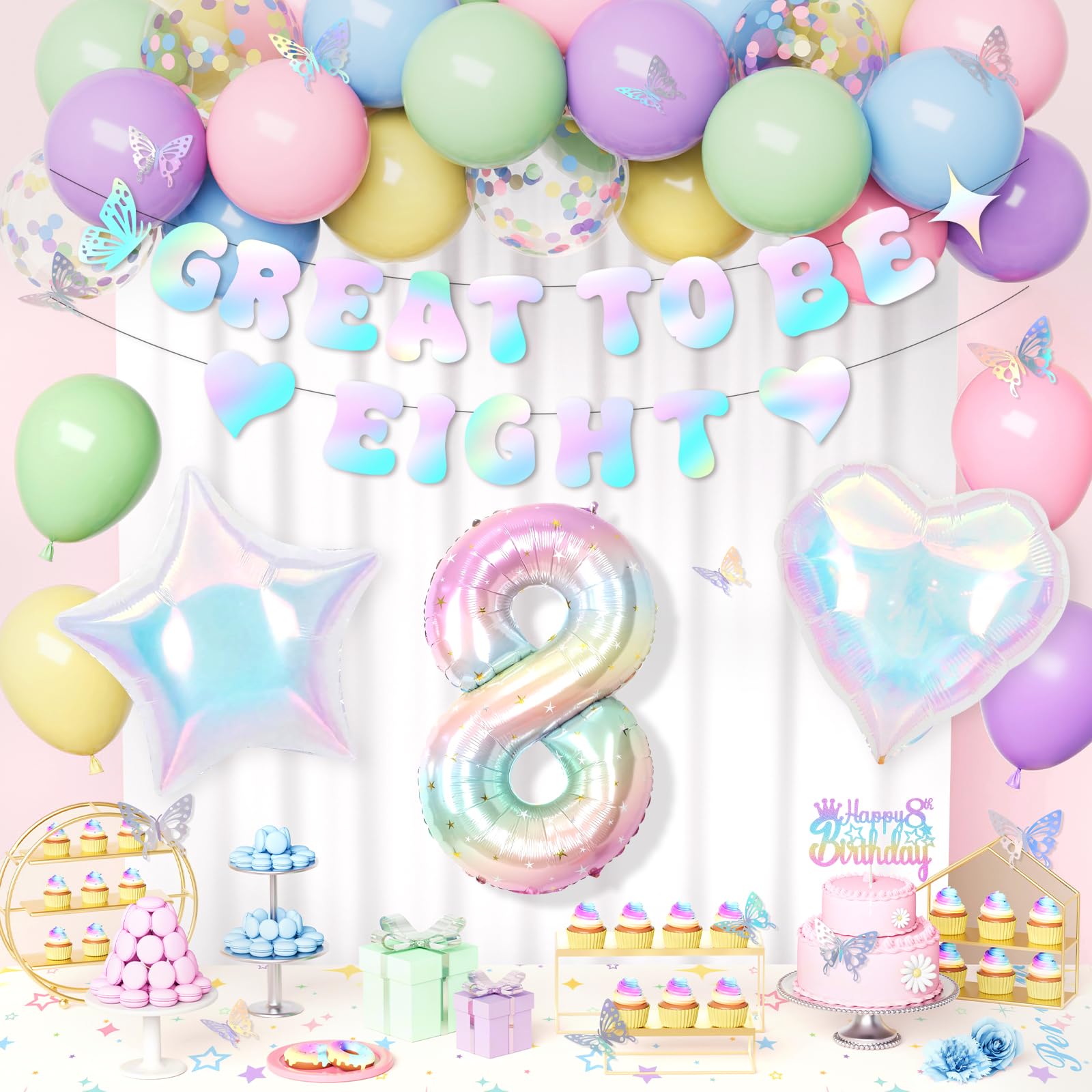 8th Birthday Decorations Girl, Great To Be Eight 8th Party Decoration Set, Macaron Pastel Balloons, Number 8 Balloon, Star Heart Foil Balloon, Pastel Birthday Decorations for 8 Years Girls Party Deco